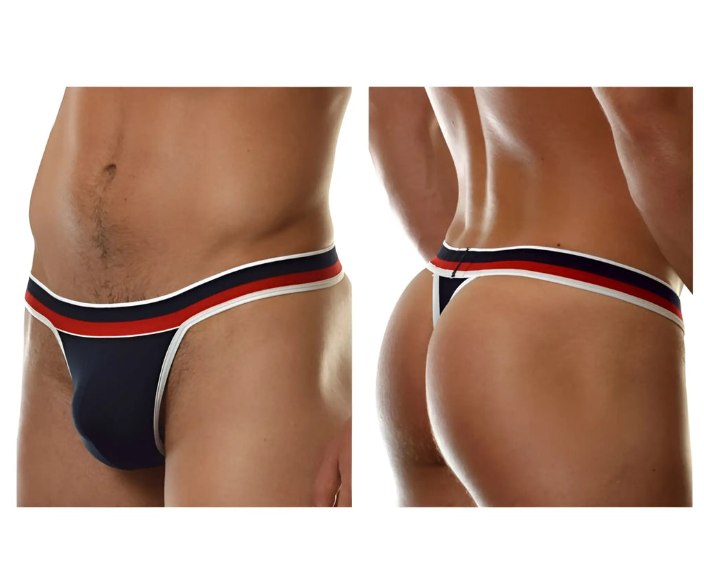 Navy blue Doreanse 1218-NVY Metro thong with red and white striped trim shown from the back side