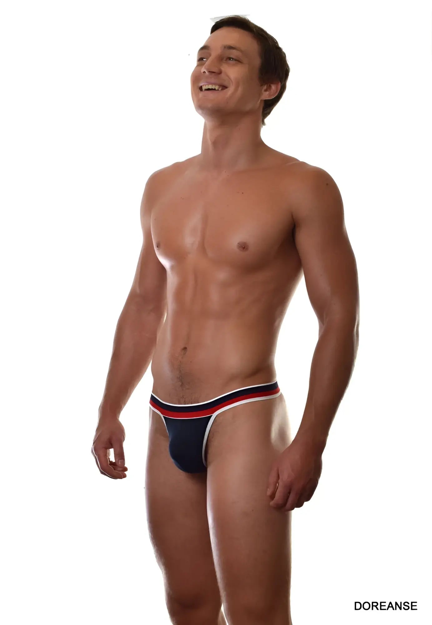 Doreanse 1218-NVY metro thong navy blue briefs with red and white striped trim for comfortable everyday wear