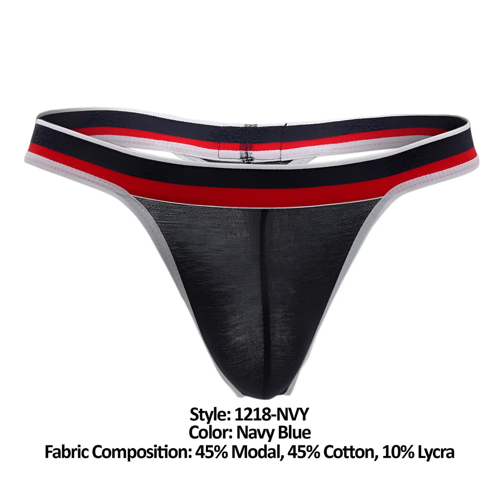 Navy blue Doreanse 1218-NVY Metro thong with striped black red and white waistband shown from the back side