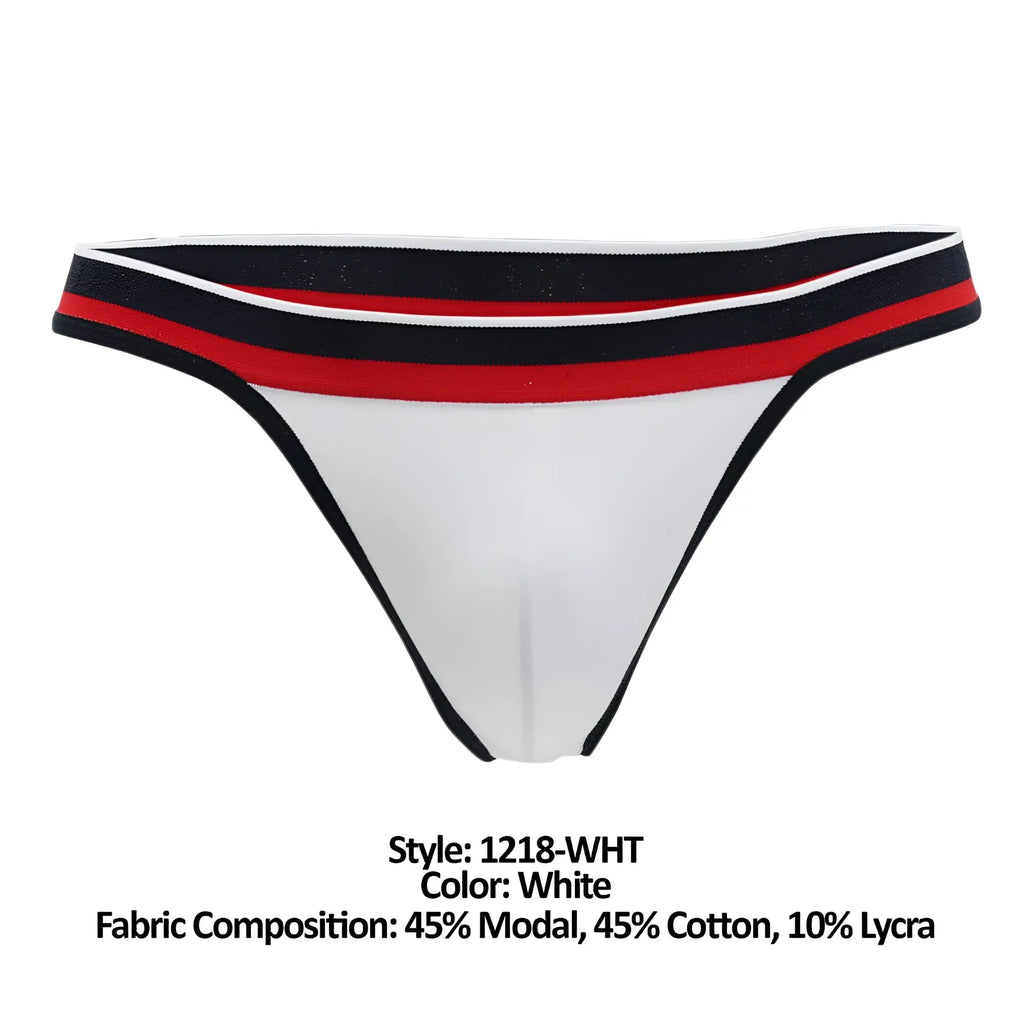 White Doreanse 1218-WHT Metro thong with black white and red striped waistband made of 45% modal 45% cotton 10% lycra