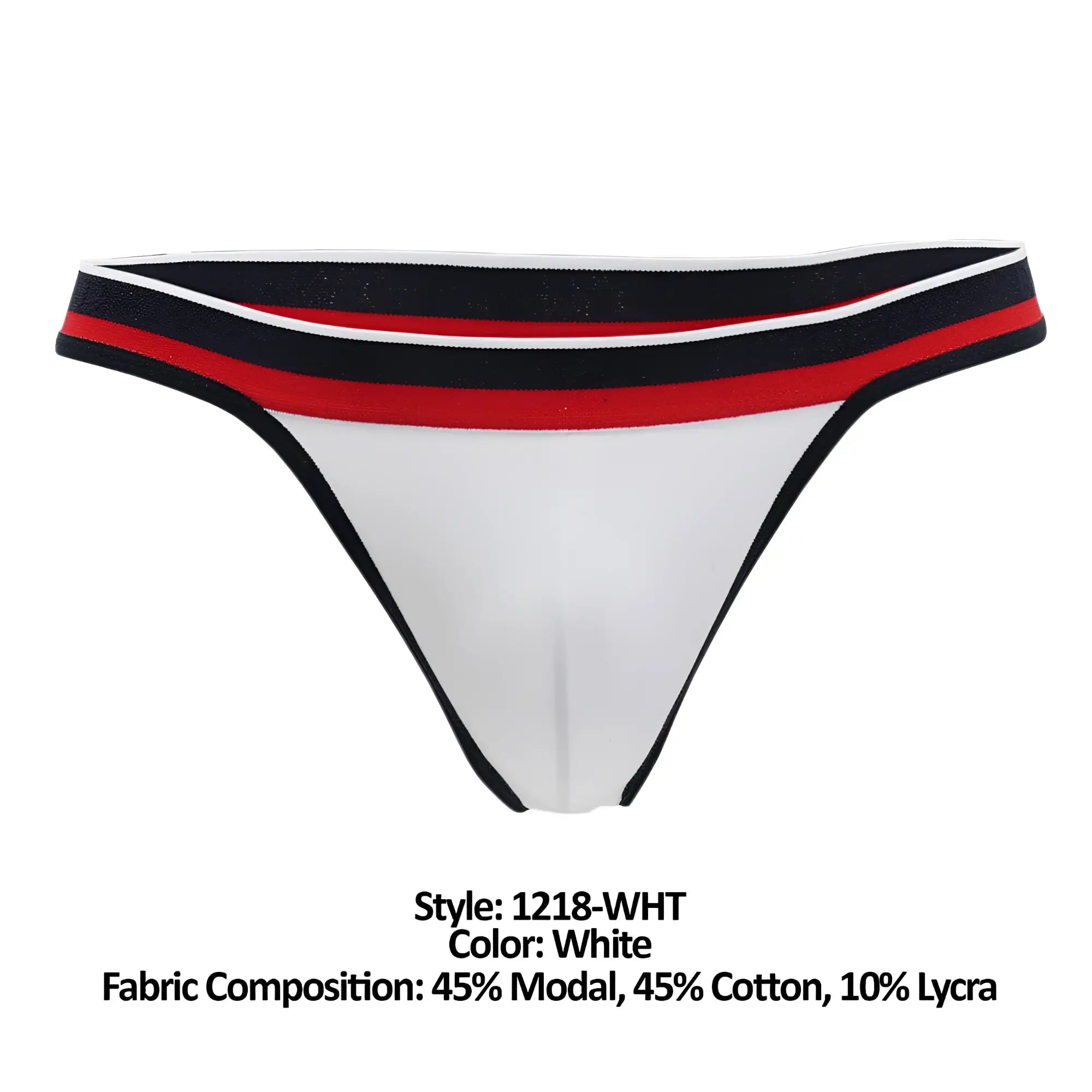 White Doreanse 1218-WHT Metro thong with black white and red striped waistband made of 45% modal 45% cotton 10% lycra