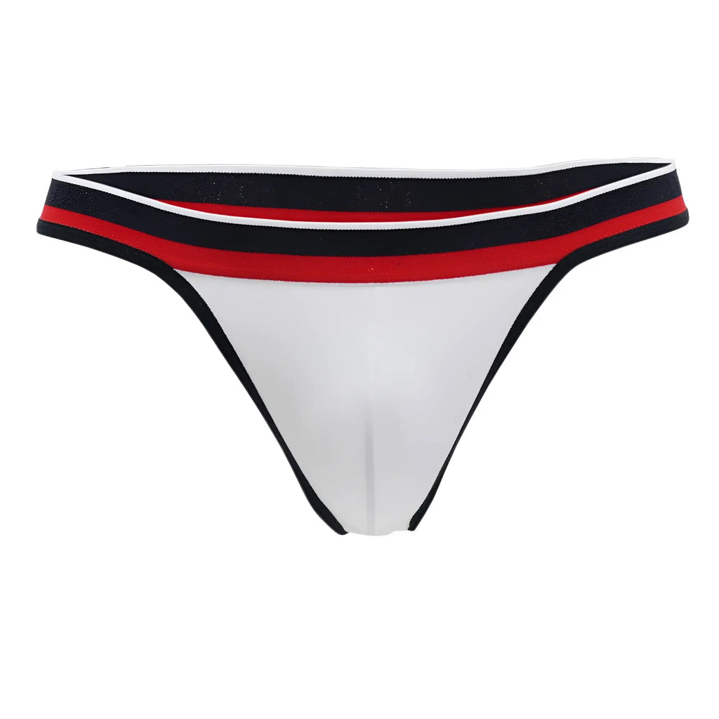 White thong with black red and white striped waistband from doreanse 1218-wht metro thong collection