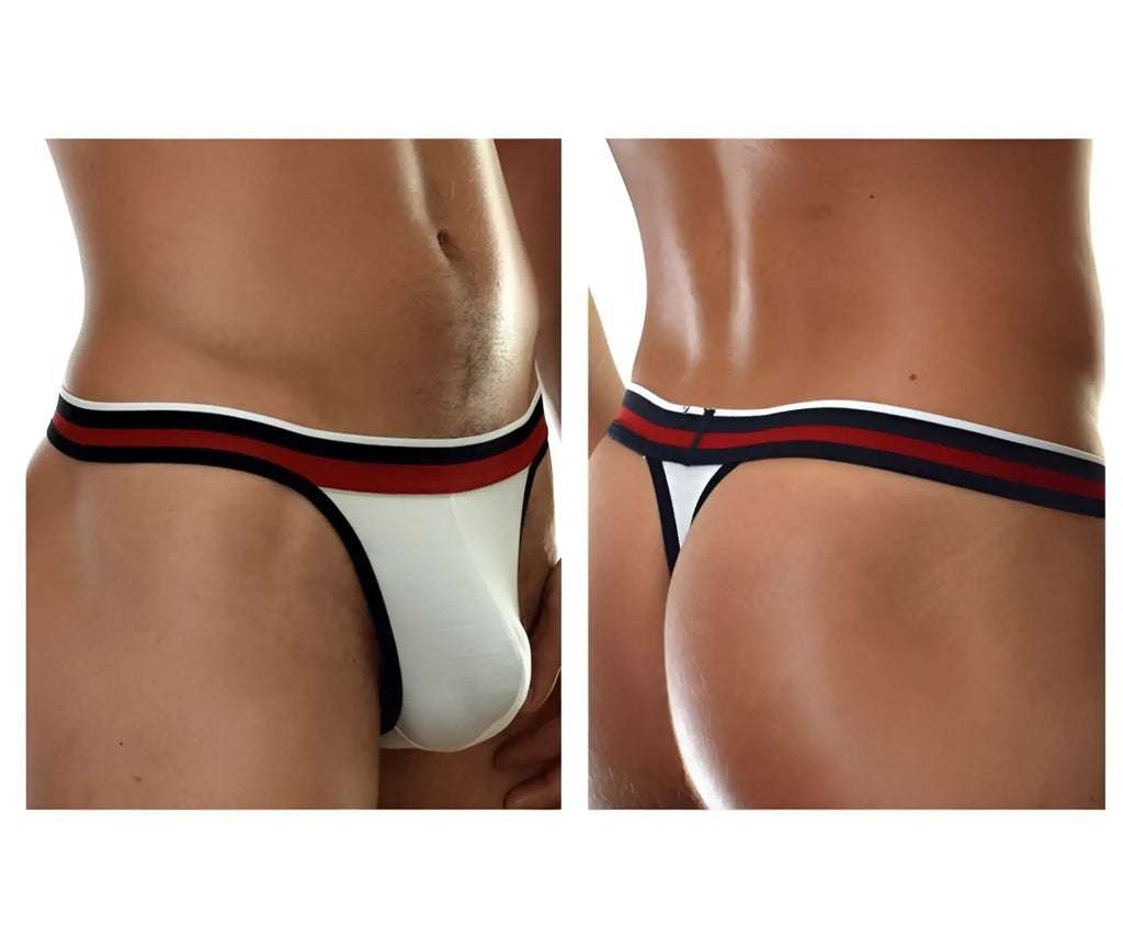 White thong from Doreanse 1218-WHT Metro with red and navy striped waistband for comfortable everyday wear