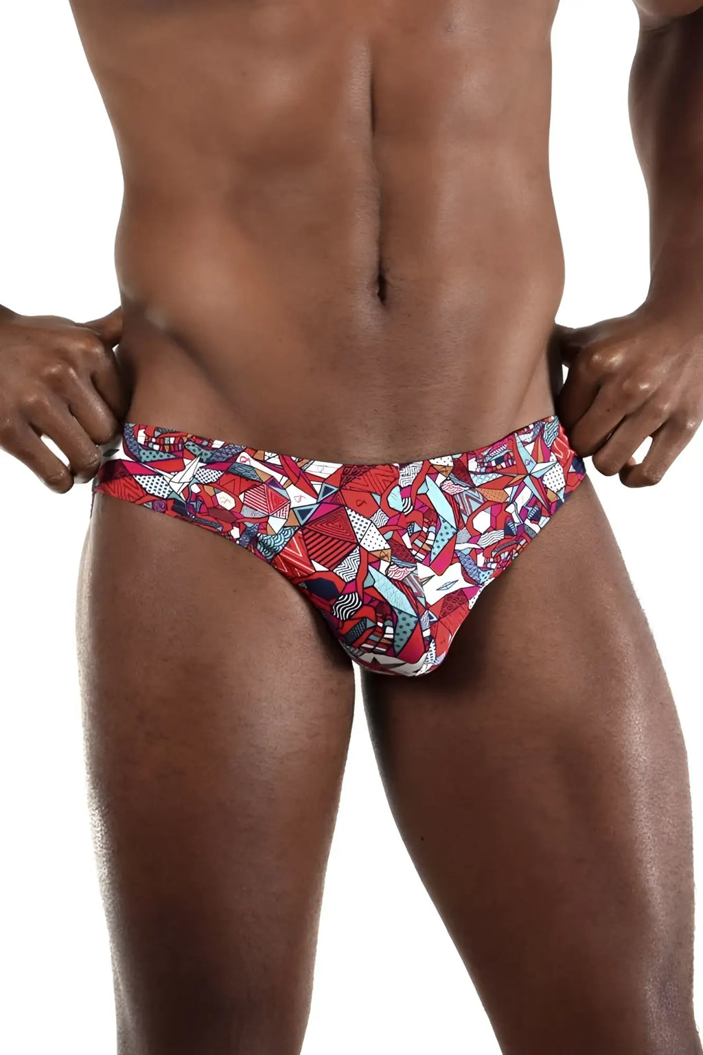 Vibrant red blue and white geometric patterned men’s swim trunks by doreanse 1243-prn pop art bikini color printed