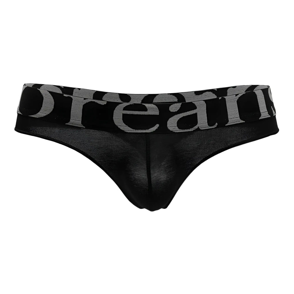 Black sheer thong with wide waistband featuring gray dream lettering by doreanse model 1250-blk