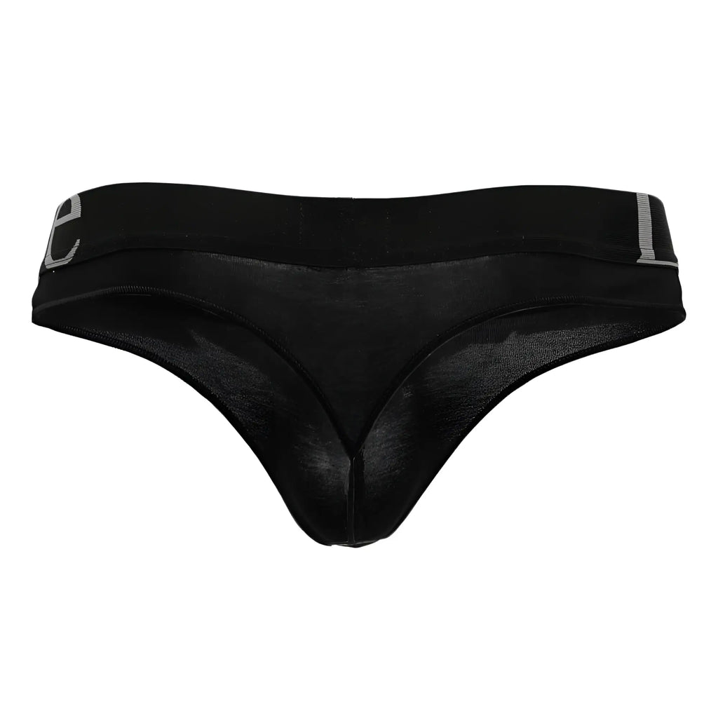 Doreanse 1250-BLK black wide-band thong with smooth sheer mesh fabric and subtle gray logo on the waistband back side