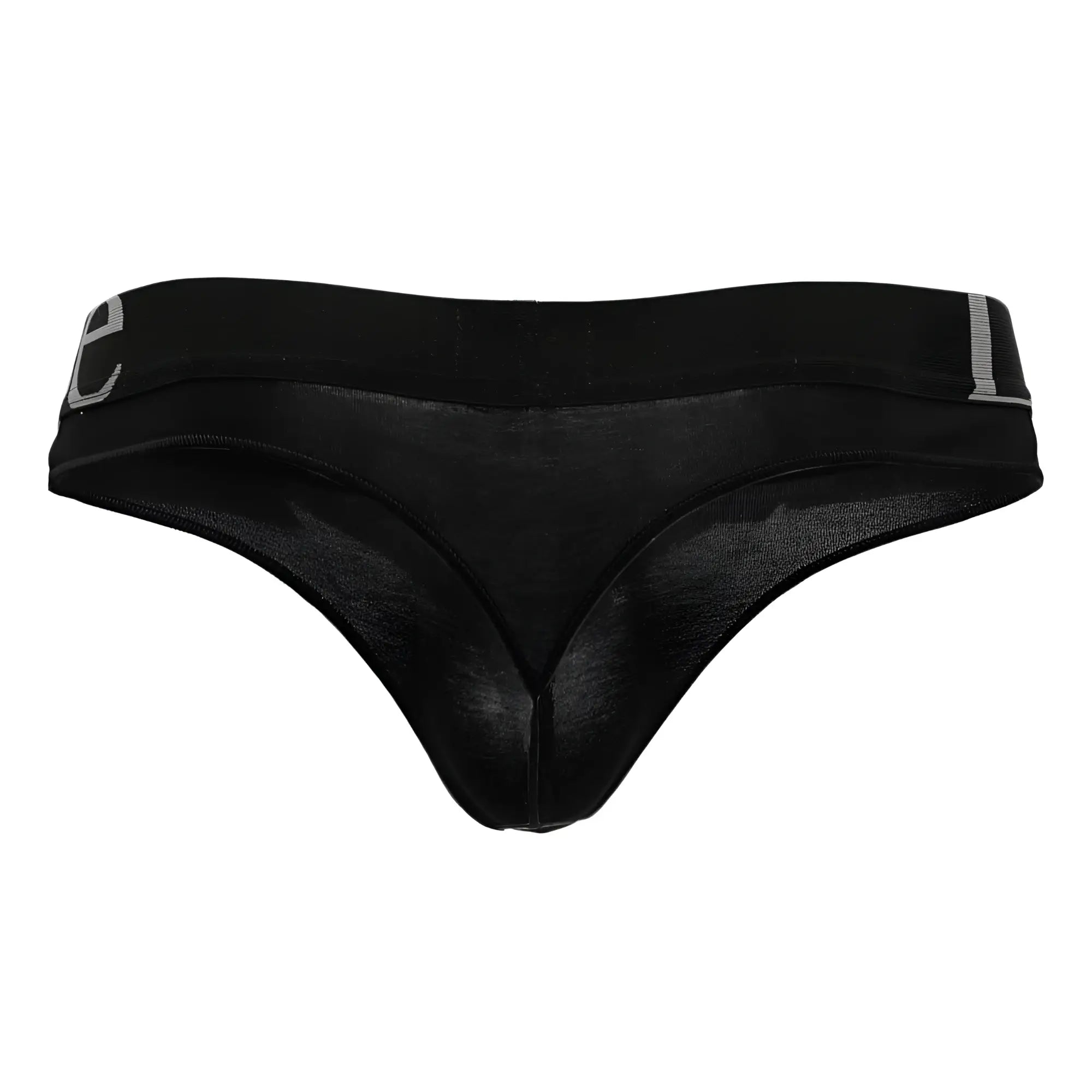 Doreanse 1250-BLK black wide-band thong with smooth sheer mesh fabric and subtle gray logo on the waistband back side