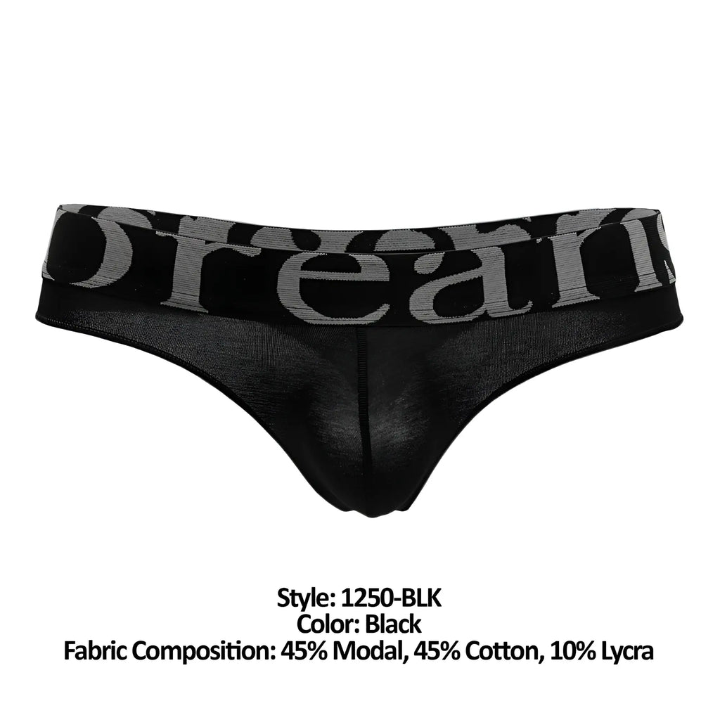 Black Doreanse 1250-BLK wide-band thong with gray dream lettering on the waistband shown from the back side