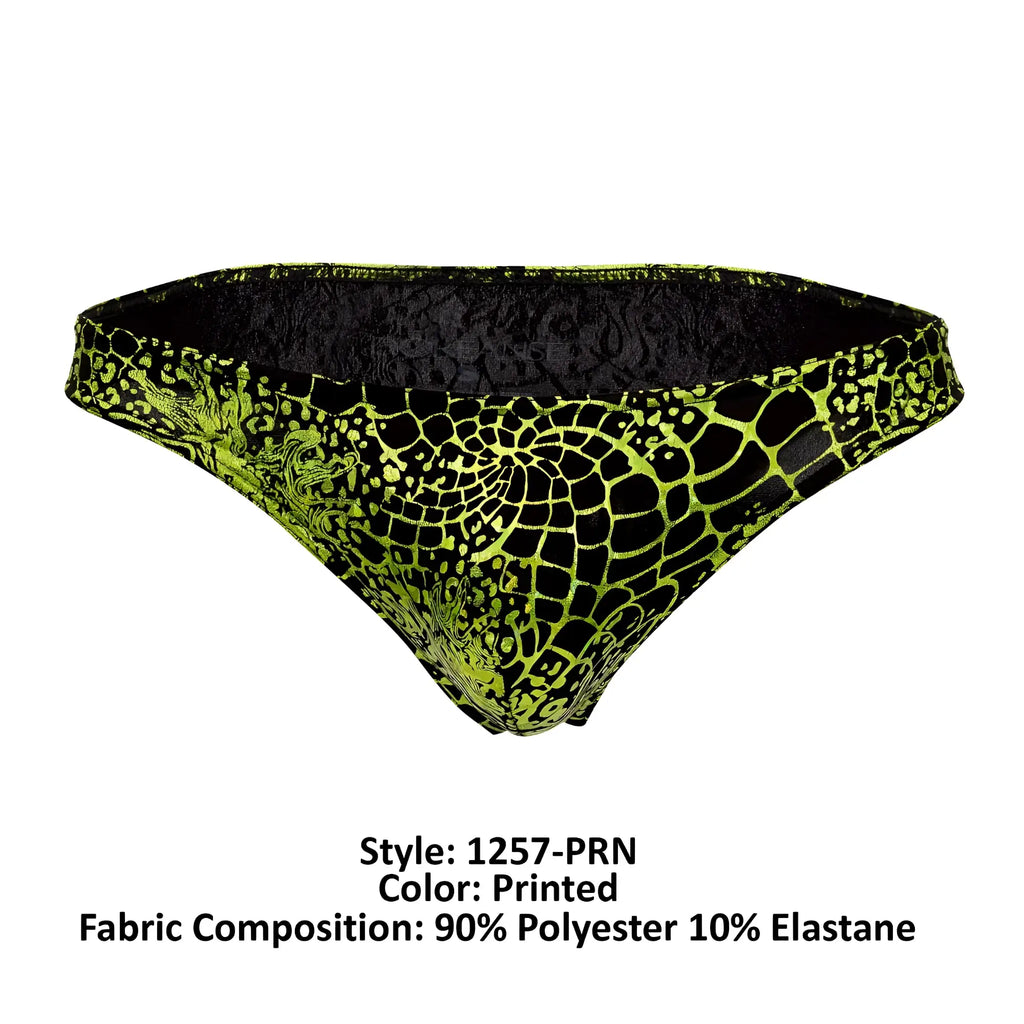 Doreanse 1257-PRN space venom briefs vibrant lime green and black printed swim briefs with bold scale pattern