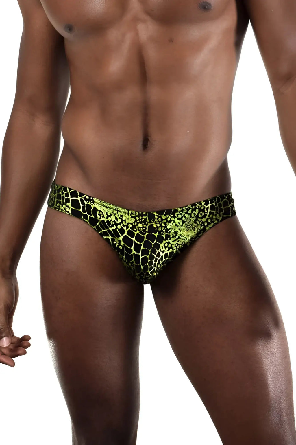 Doreanse 1257-PRN Space Venom briefs vibrant neon green and black reptilian scale patterned swim trunks