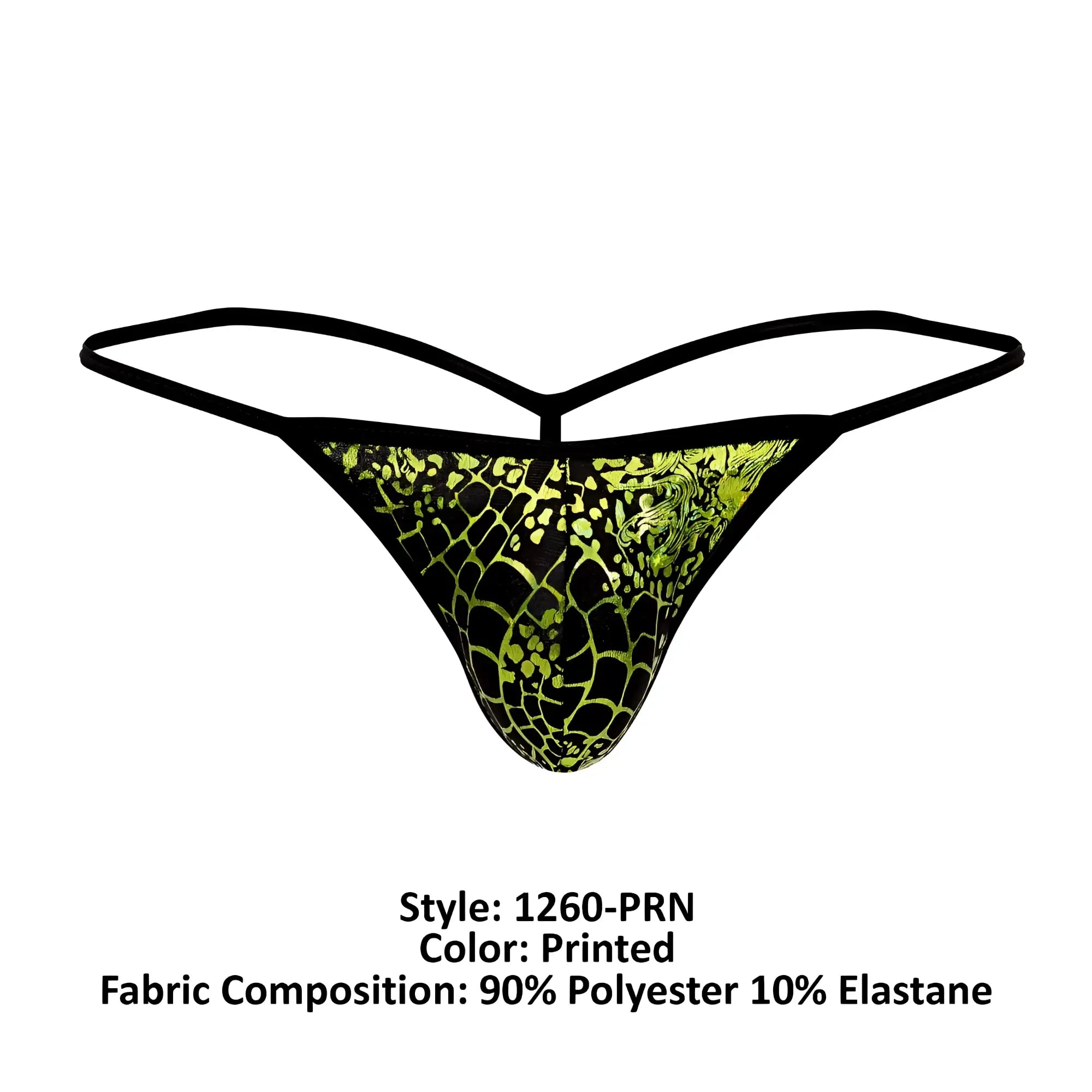 Doreanse 1260-PRN space venom thong in black and neon green with printed snake scale pattern front view