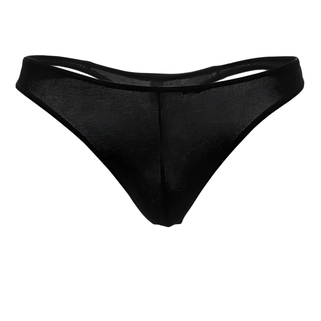 Doreanse 1280-blk hang-loose thong in black sheer mesh with a smooth, form-fitting design shown from the back