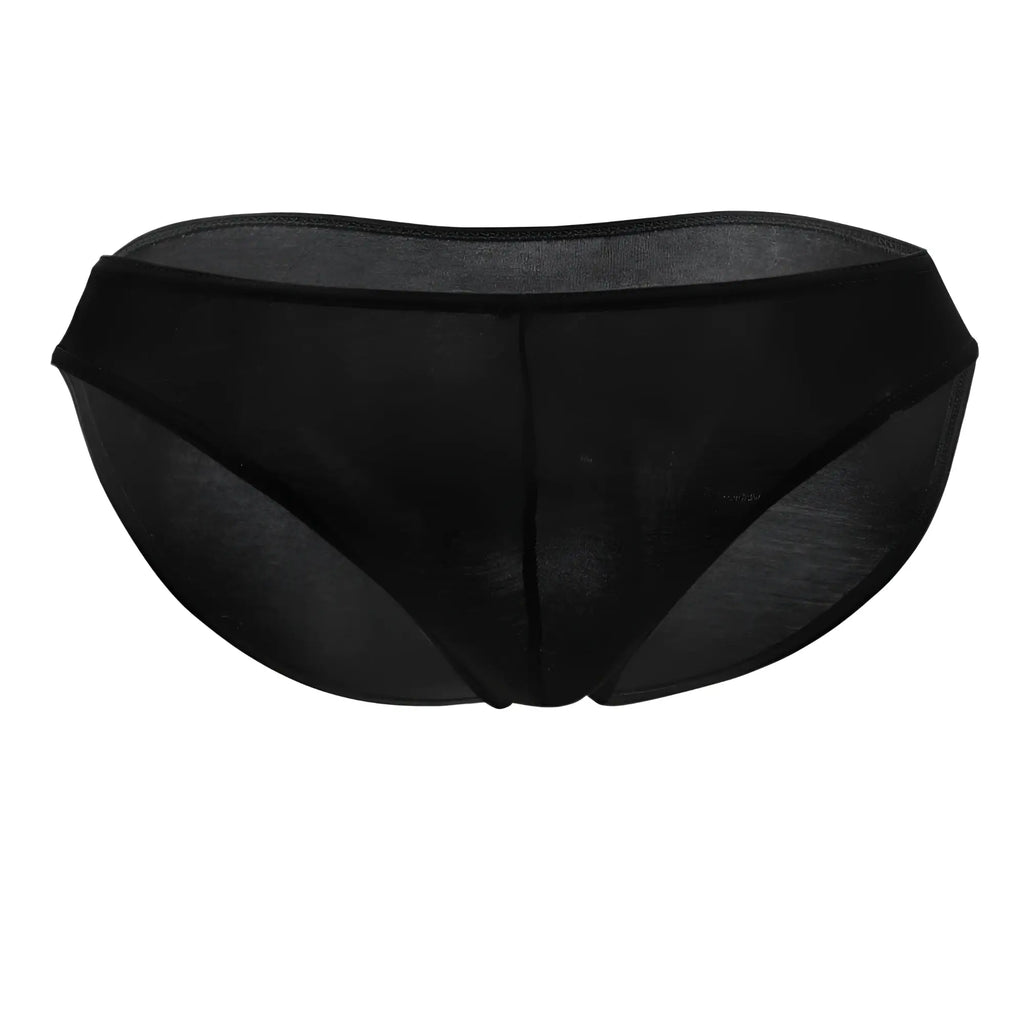Doreanse 1281-BLK hang-loose bikini brief in black sheer mesh with solid black waistband shown from the back
