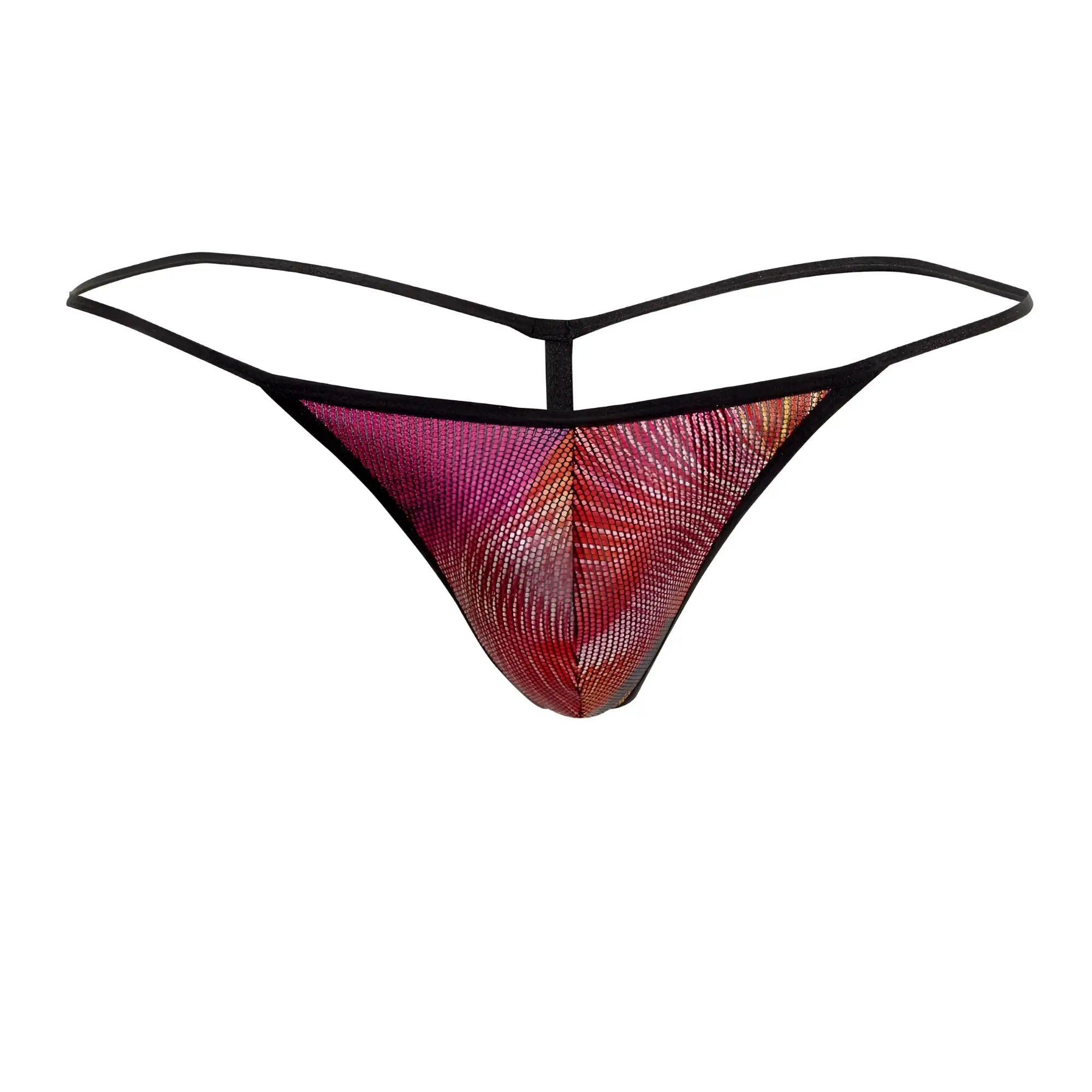 Doreanse 1300-phx disco thong with shimmering pink and red gradient mesh and black elastic straps