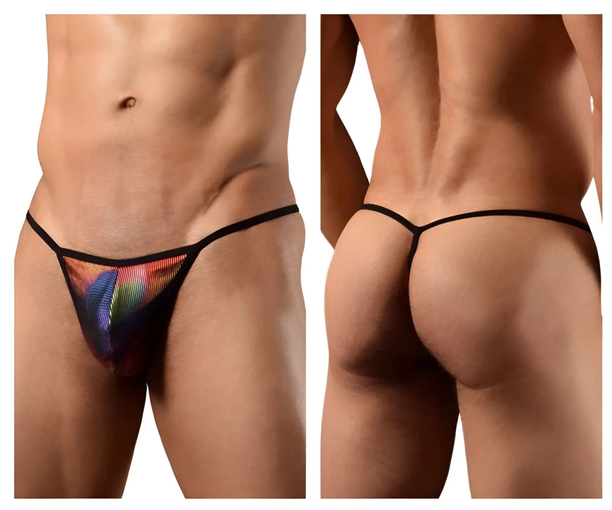 Doreanse 1300-PHX disco thong rainbow patterned mesh with black trim front view for vibrant comfort