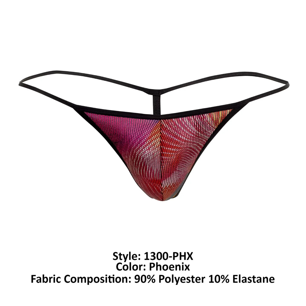 Doreanse 1300-PHX disco thong with shimmering phoenix design in pink and red polyester blend with elastic for comfort