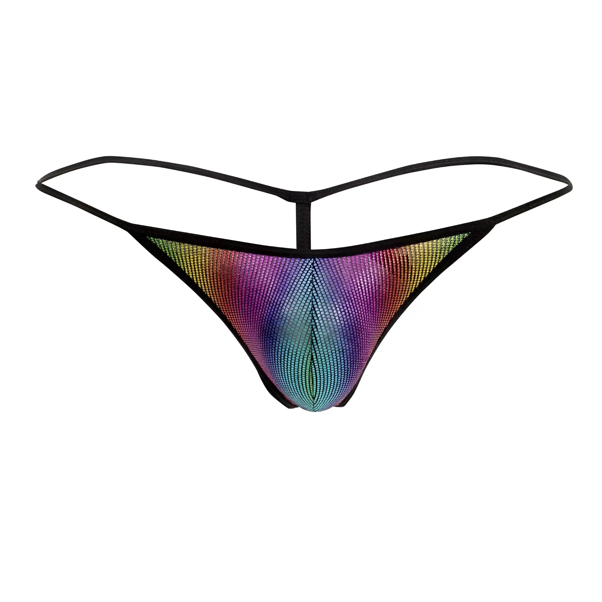Rainbow sequined disco thong with black elastic straps by Doreanse 1300-RBW showcasing vibrant colors and sparkle