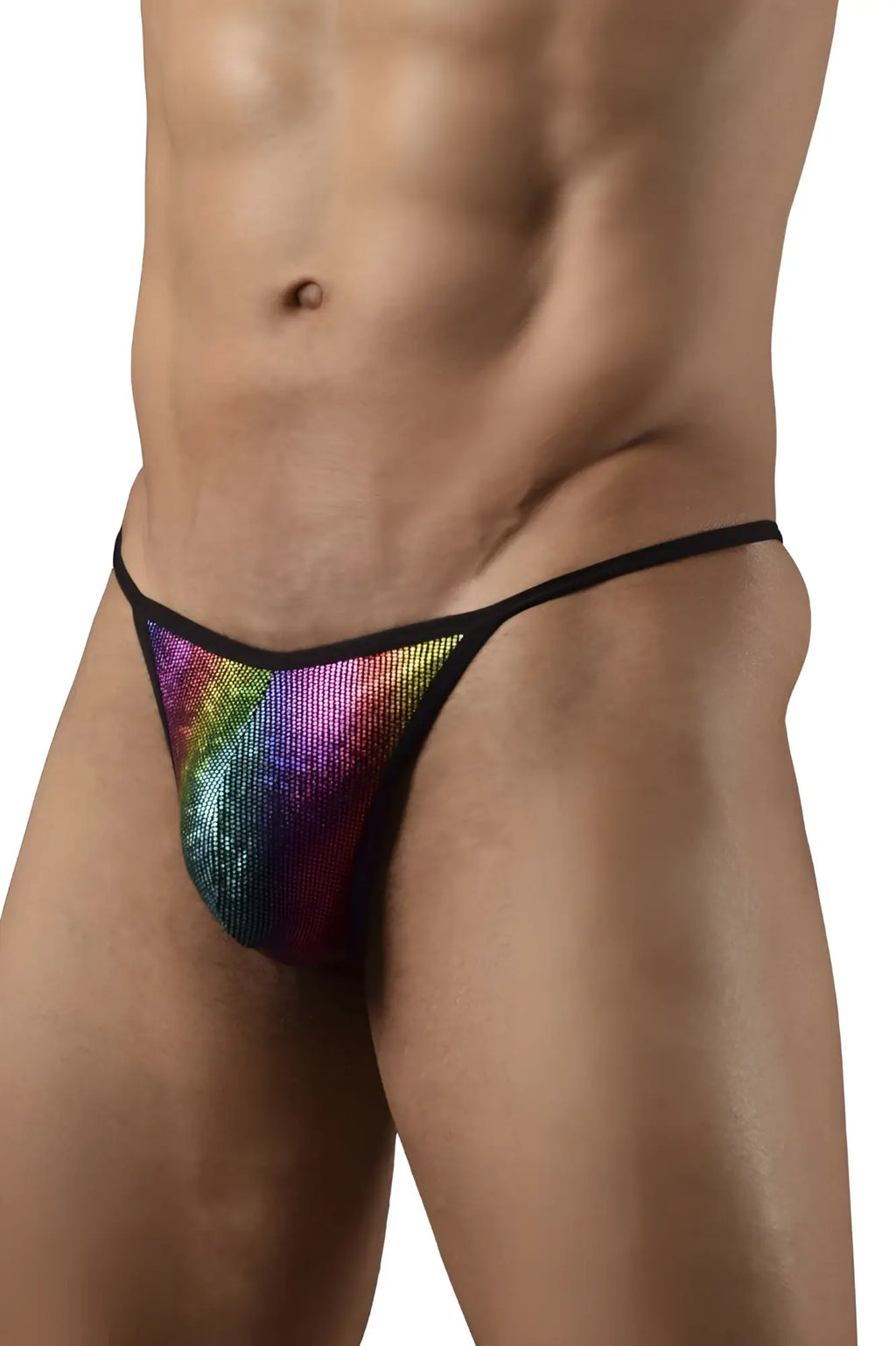 Doreanse 1300-RBW disco thongs rainbow sequined thong with black elastic trim showing front side details