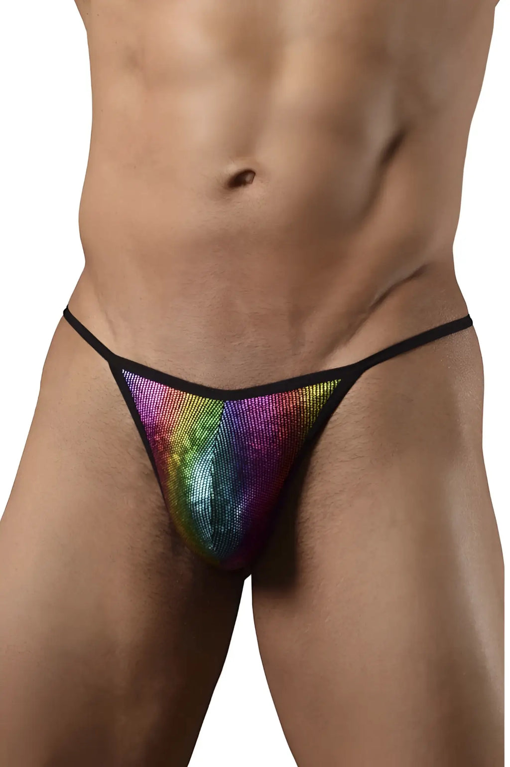 Doreanse 1300-RBW disco thong with rainbow sequins and black trim for vibrant party wear