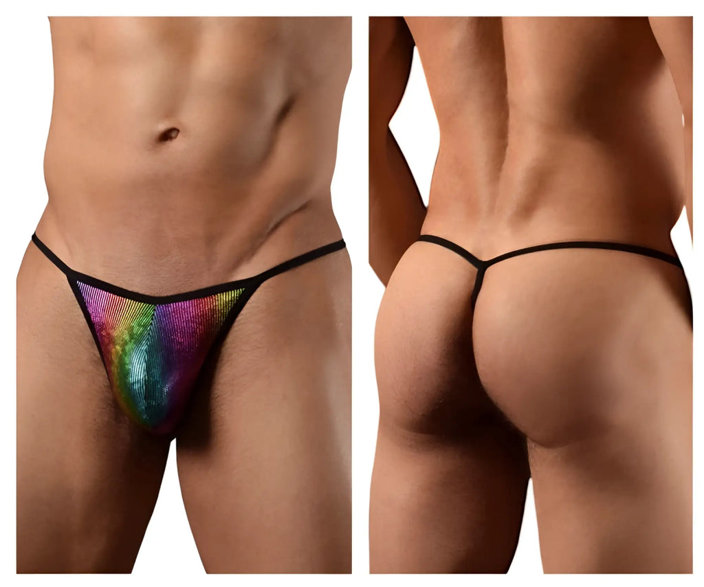 Rainbow sequined disco thong with black trim by doreanse 1300-rbw showing front side details