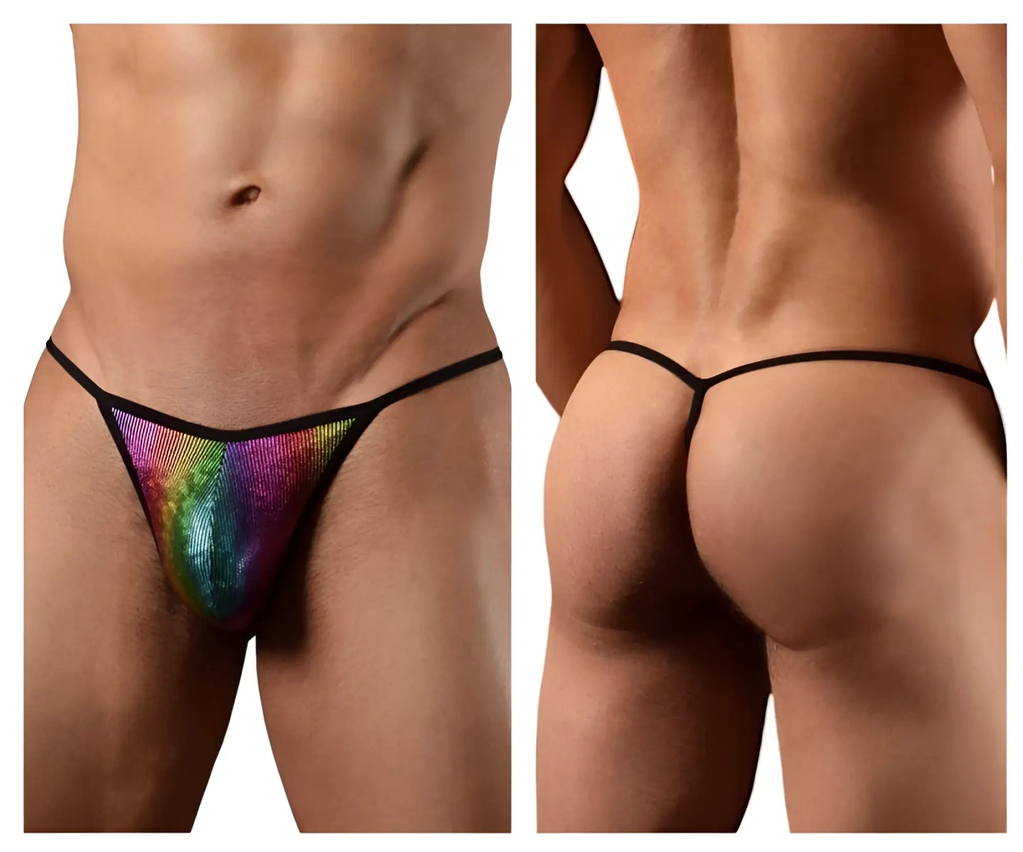 Rainbow sequined disco thong with black trim by doreanse 1300-rbw showing front side details