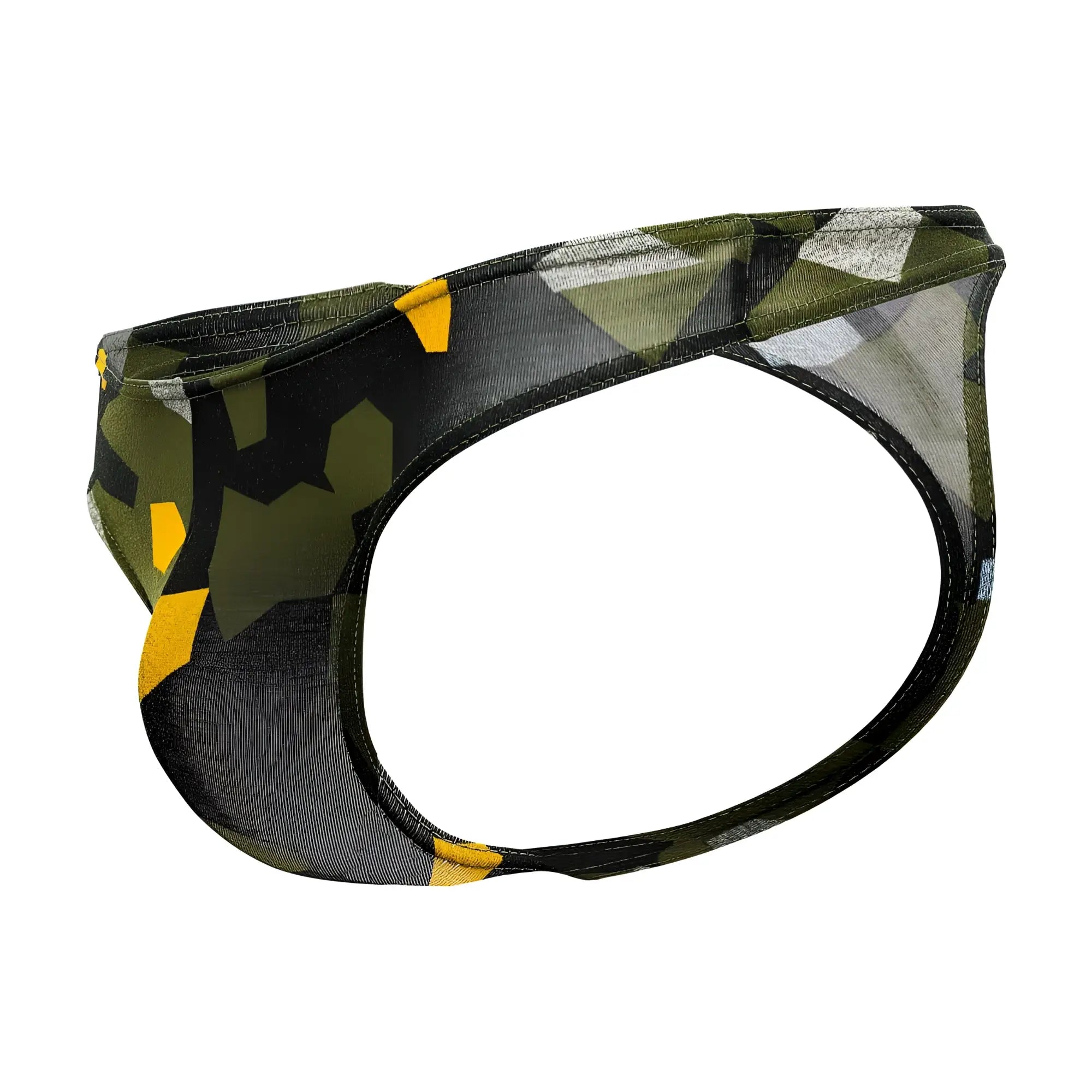 A men’s camouflage-patterned thong by Doreanse 1303-PRN in olive green black with yellow geometric accents