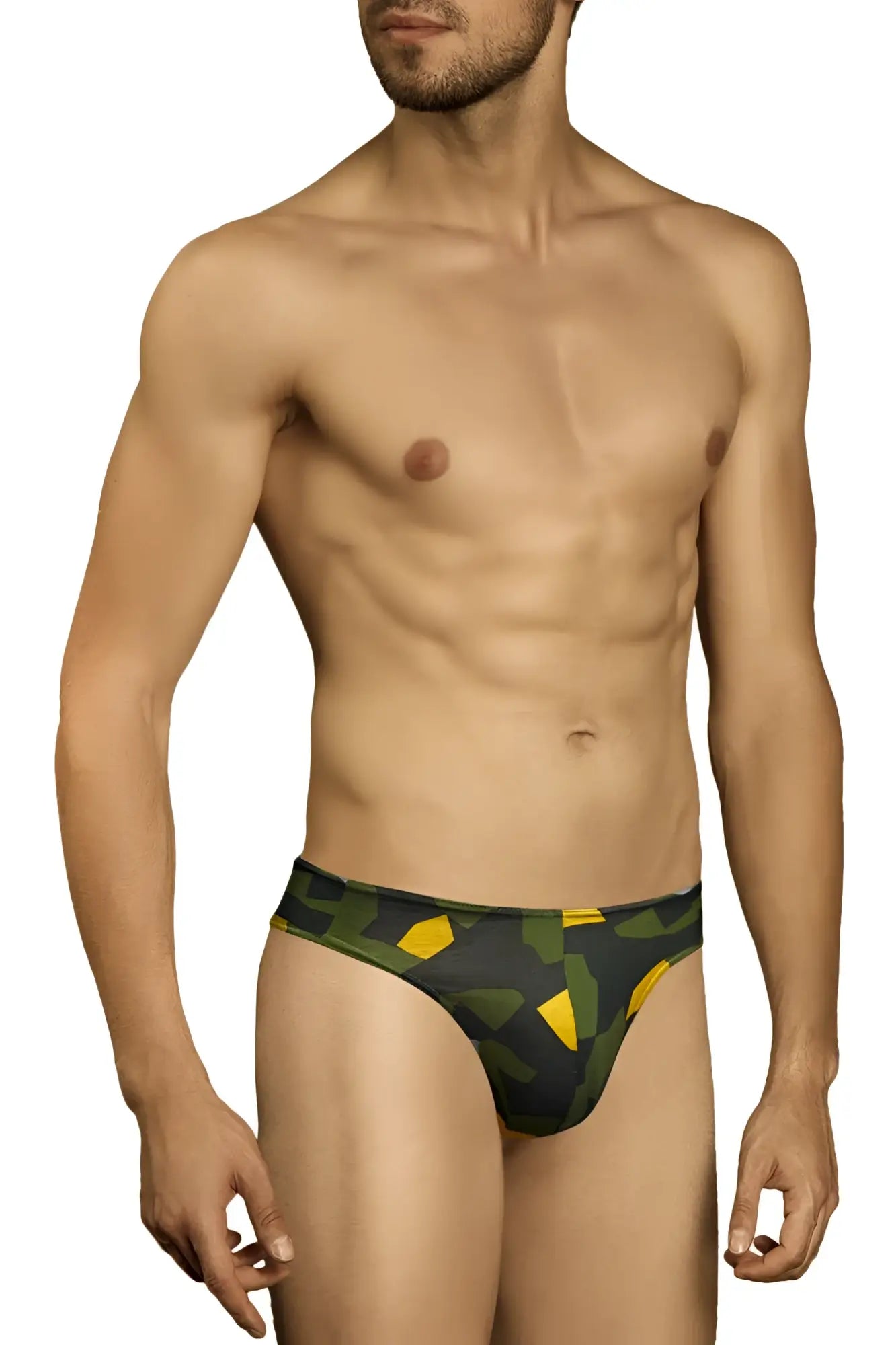 Doreanse 1303-prn camosaic thong green swim trunks with yellow and green camouflage pattern for men