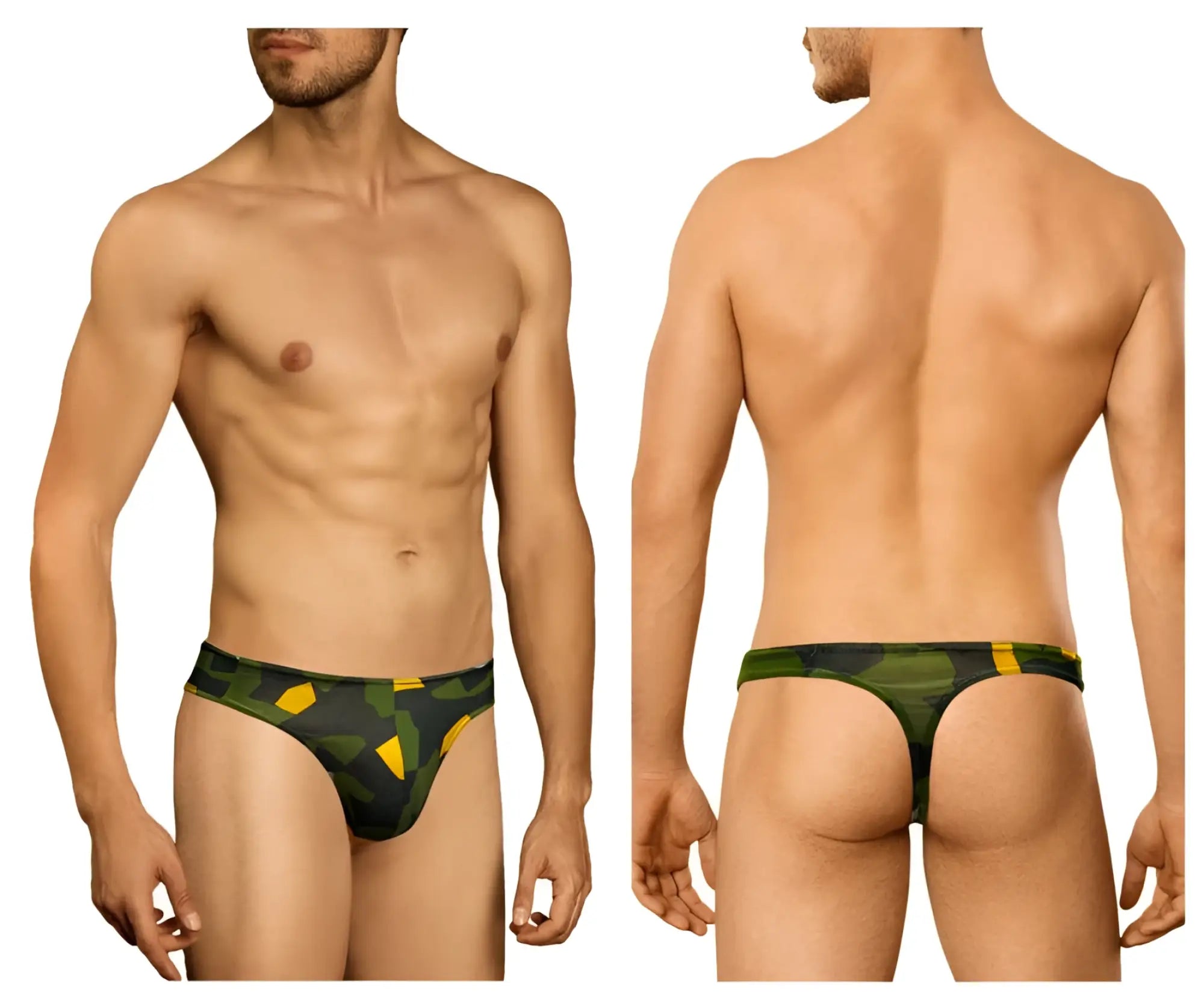 Doreanse 1303-PRN Camosaic thong in green men’s briefs with yellow camouflage pattern for comfortable wear