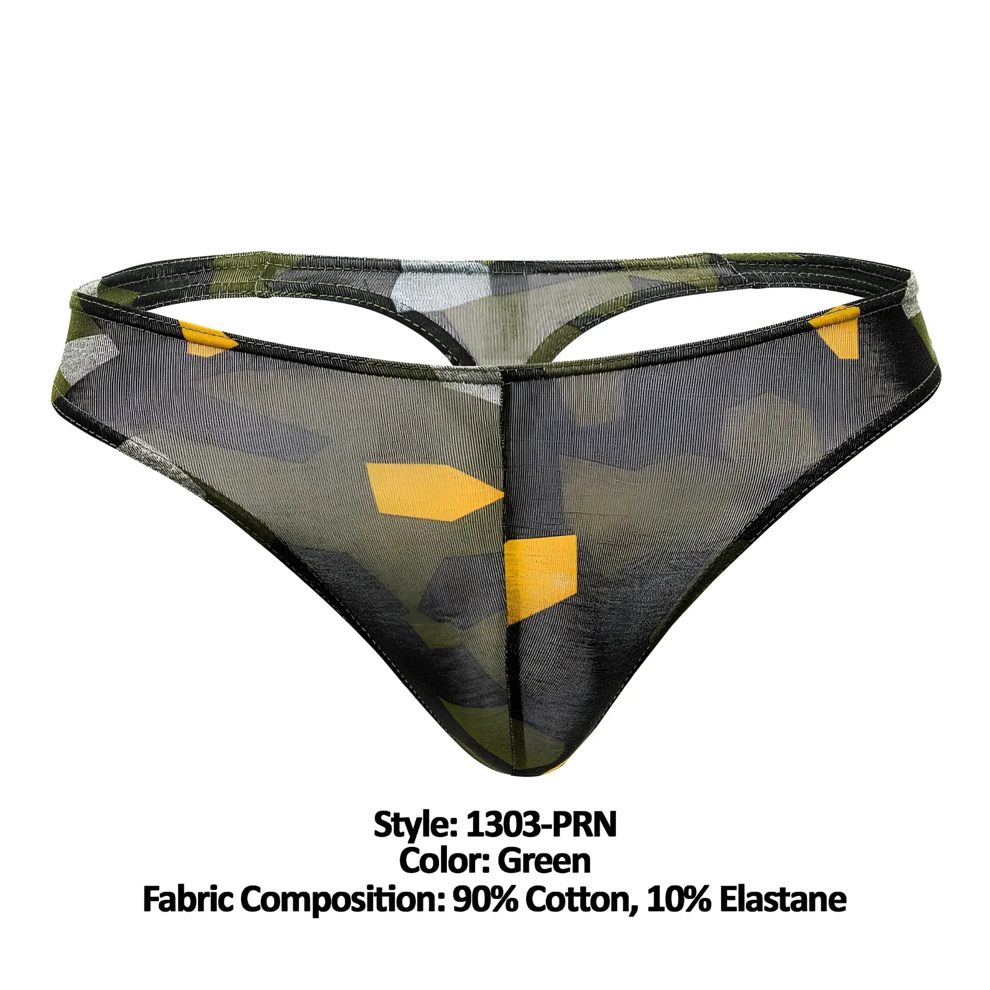 Green mesh thong by doreanse featuring a camouflage pattern with yellow geometric accents in green color