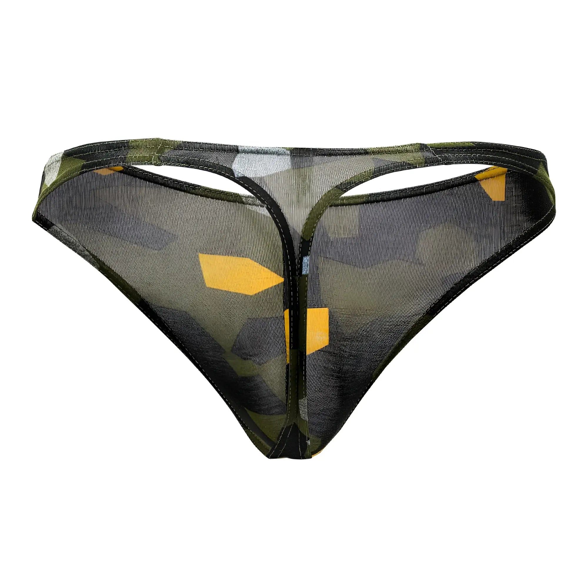 Transparent mesh thong with camouflage pattern in olive green black and yellow geometric shapes by Doreanse