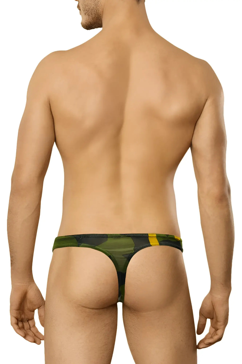 Green and yellow camouflage patterned thong by doreanse 1303-prn camosaic in soft breathable fabric visible from the back