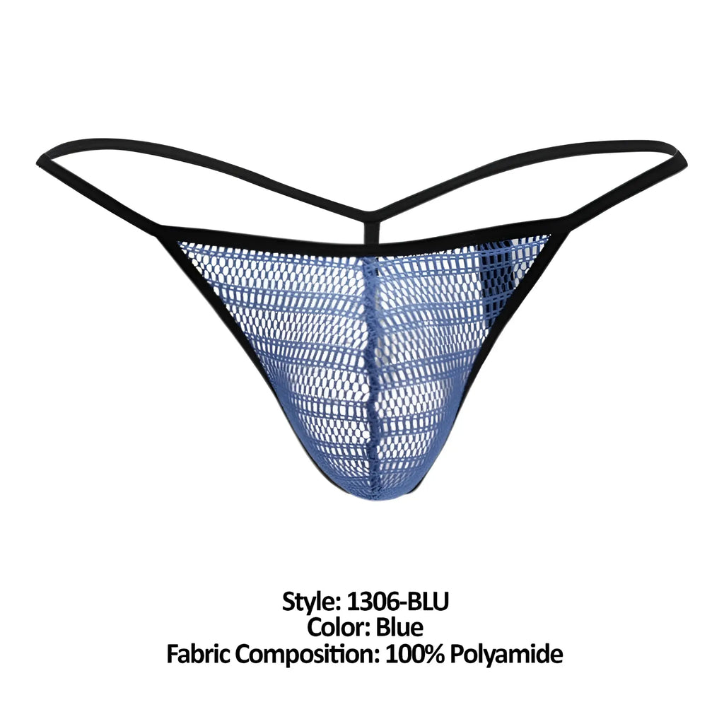 Doreanse 1306-BLU blue mesh g-string thong with black elastic trim showing front side of the underwear