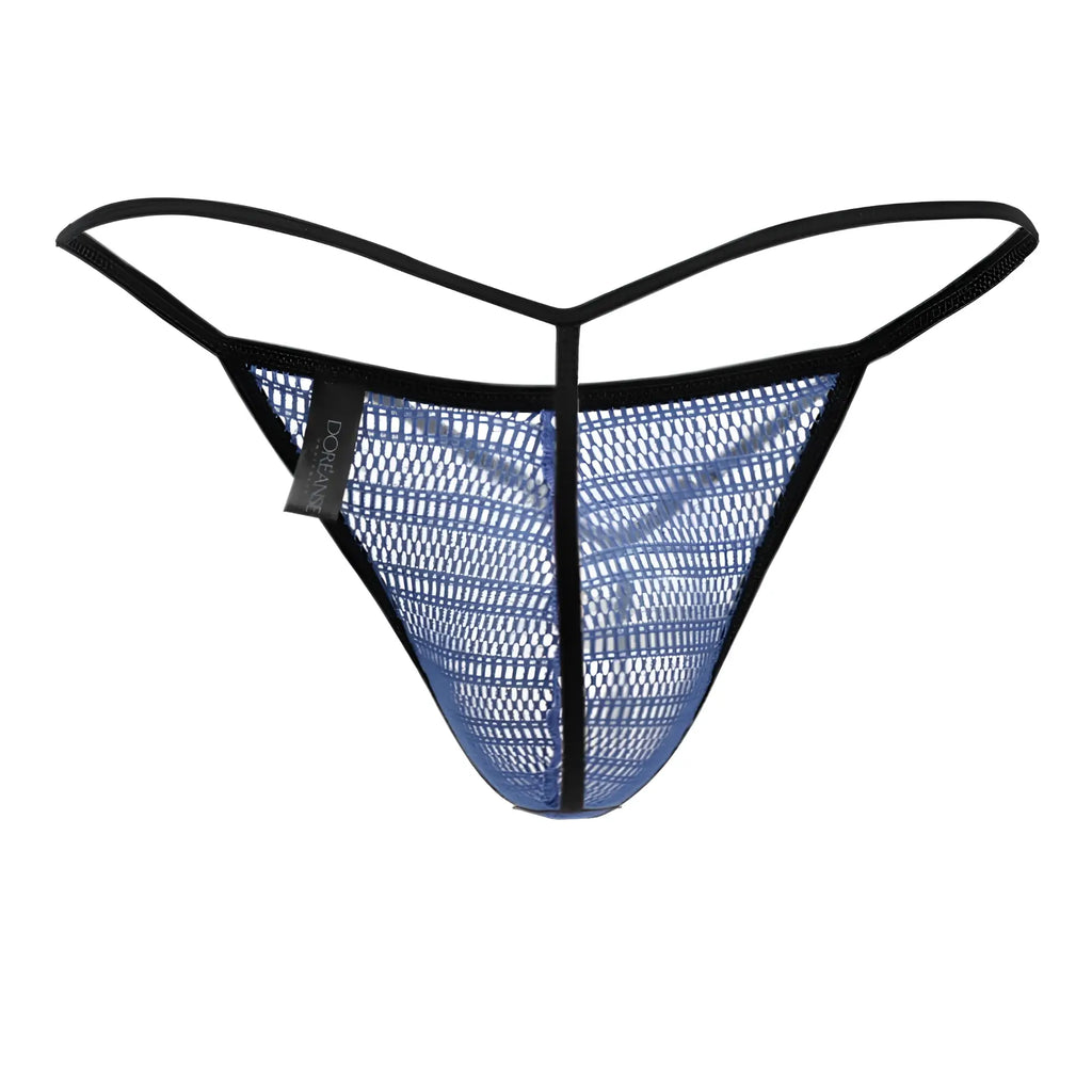 Blue mesh g-string thong with black trim and doreanse brand tag in blue color
