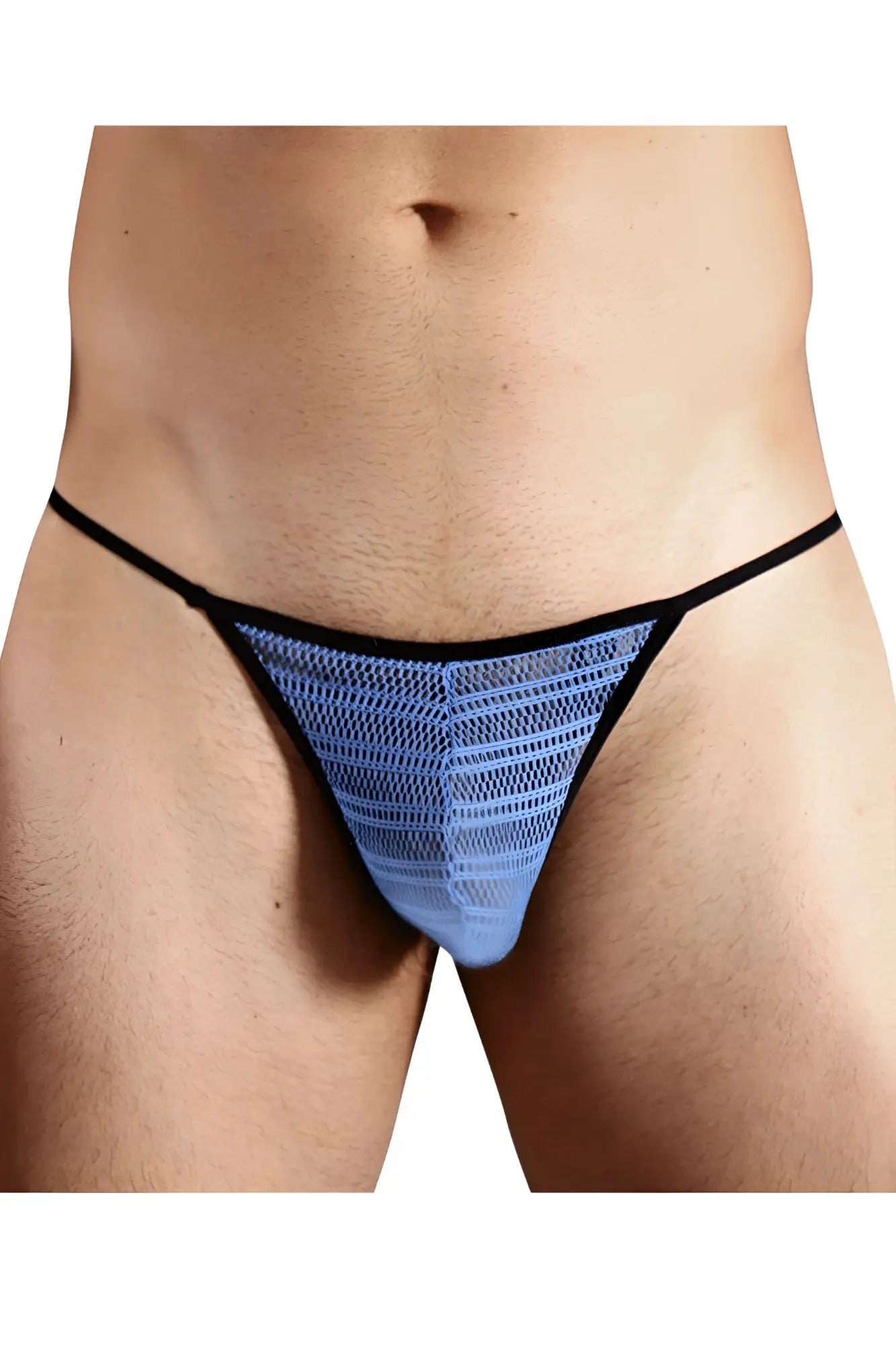 Doreanse 1306-BLU blue mesh g-string thong with black trim showing front side mesh design