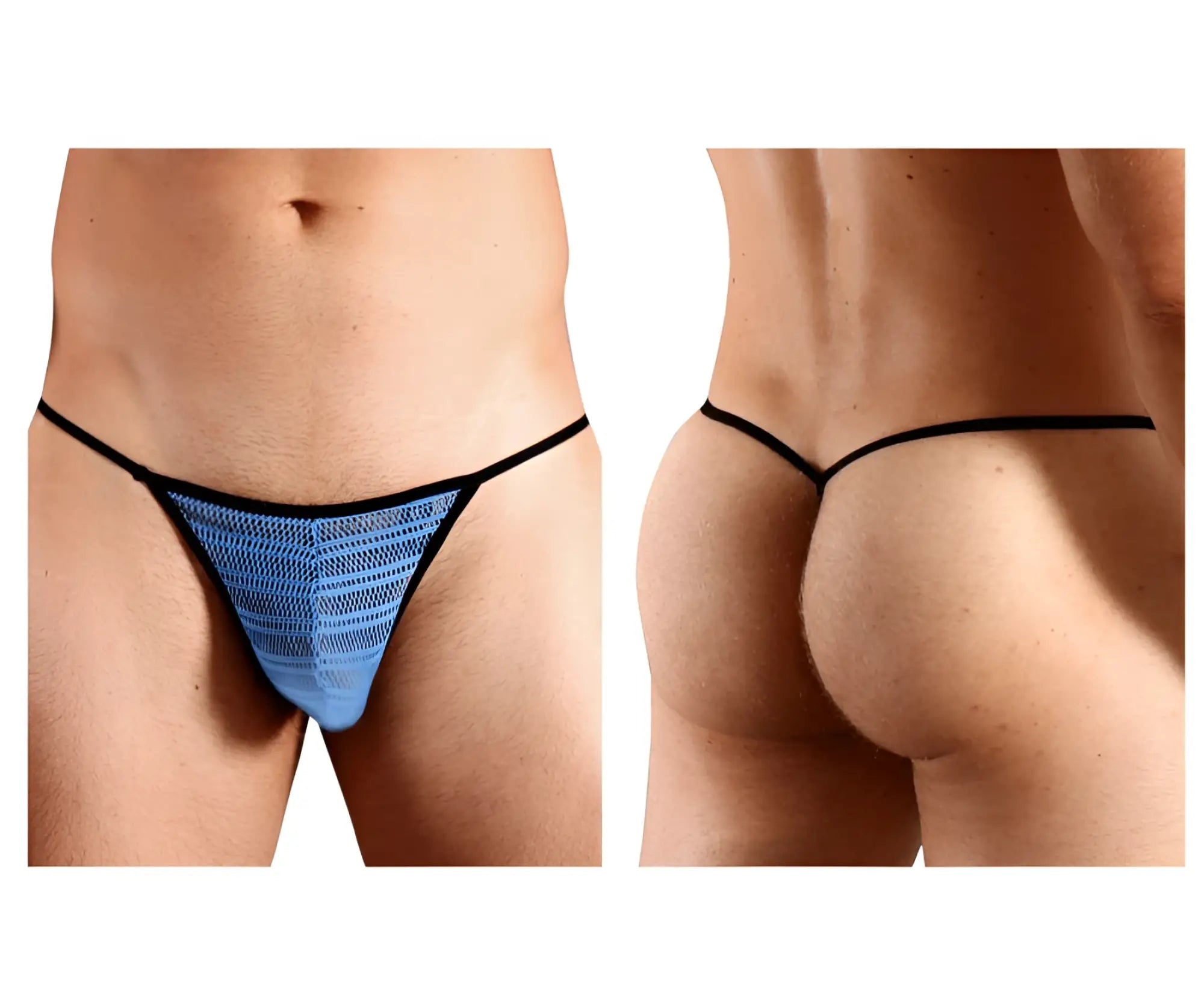 Blue doreanse 1306-blu mesh g-string thong with black trim showing front side in sheer lightweight fabric