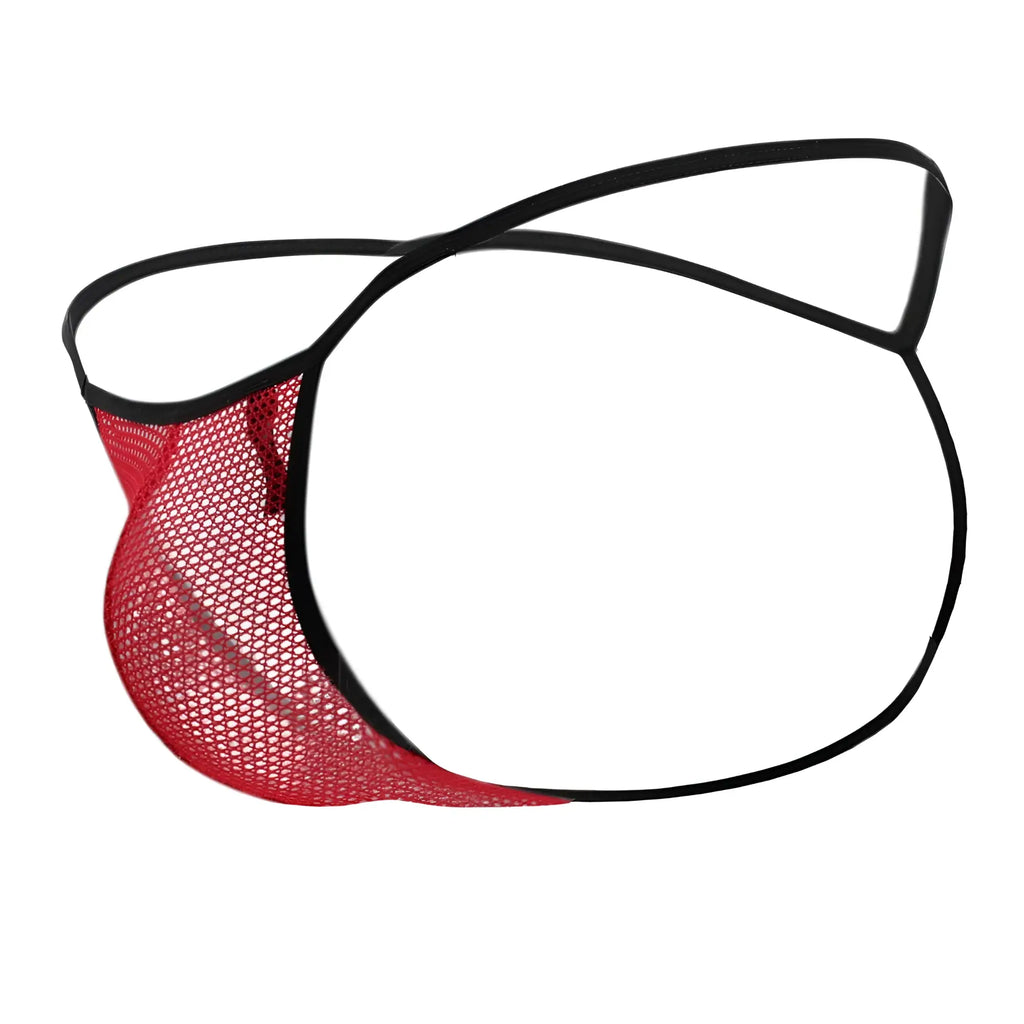 Doreanse 1306-RED mesh g-string thong in red with black elastic straps showing the back side of the product