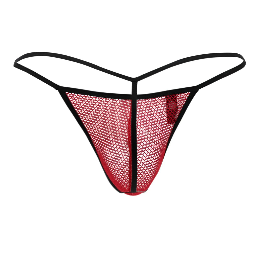 Doreanse 1306-red mesh g-string thong in red with black trim showing breathable mesh fabric and minimal coverage