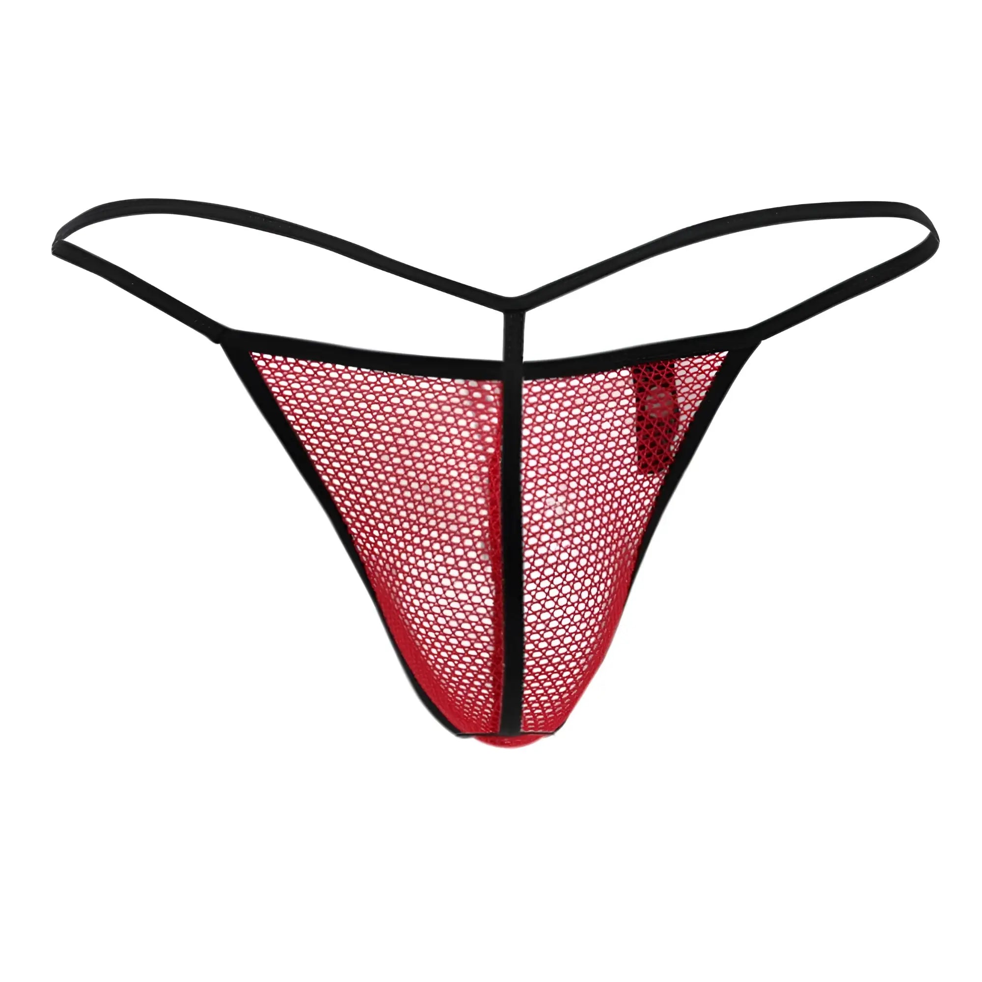 Doreanse 1306-red mesh g-string thong in red with black trim showing breathable mesh fabric and minimal coverage