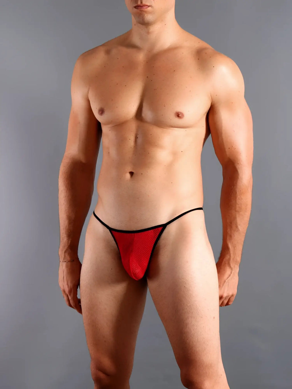 Doreanse 1306-RED red mesh g-string thong with black trim showing front side details