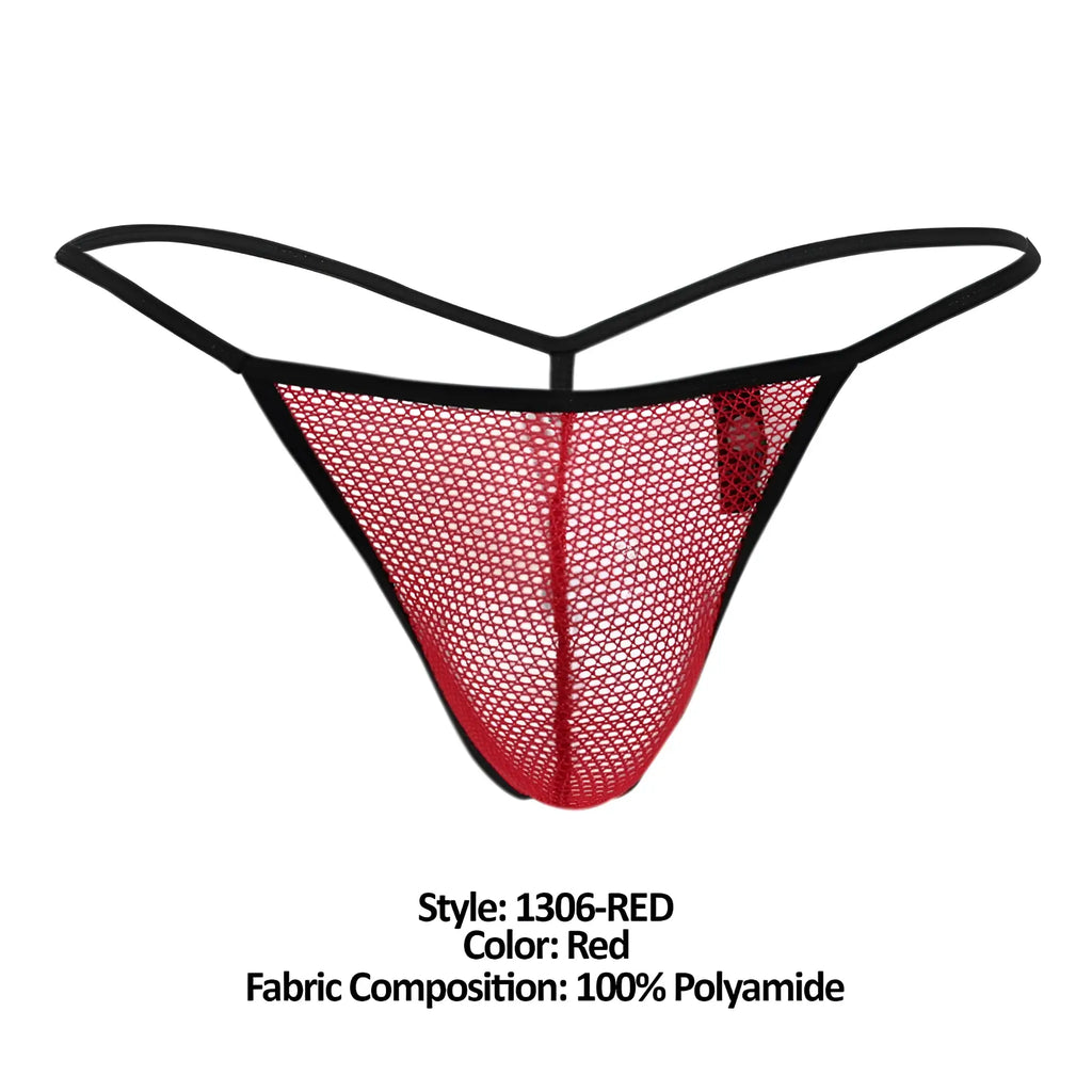 Doreanse 1306-red mesh g-string thong in red with black trim showing front side design