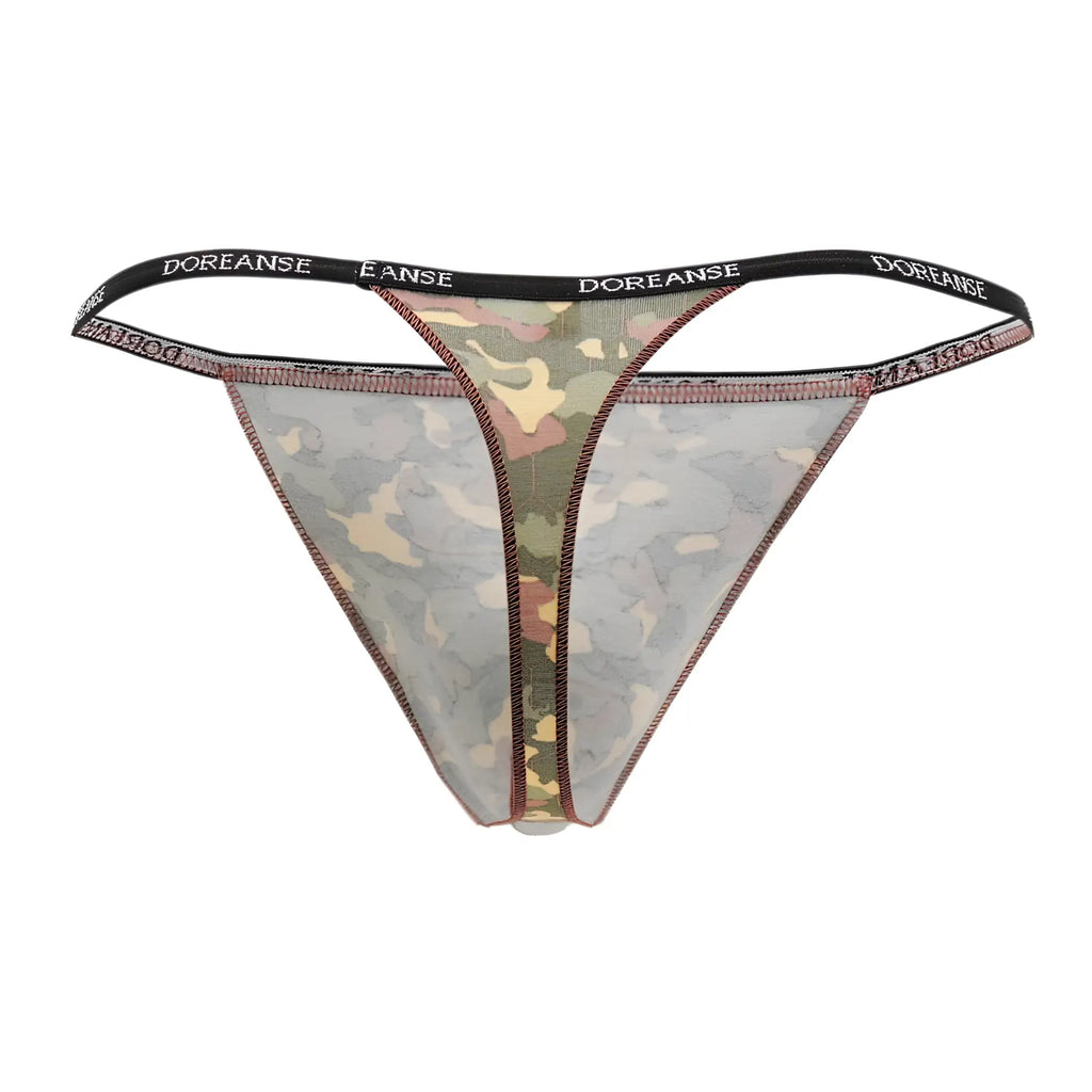 Doreanse 1312-PRN camouflage thong in green beige and brown tones on sheer fabric showing the back side