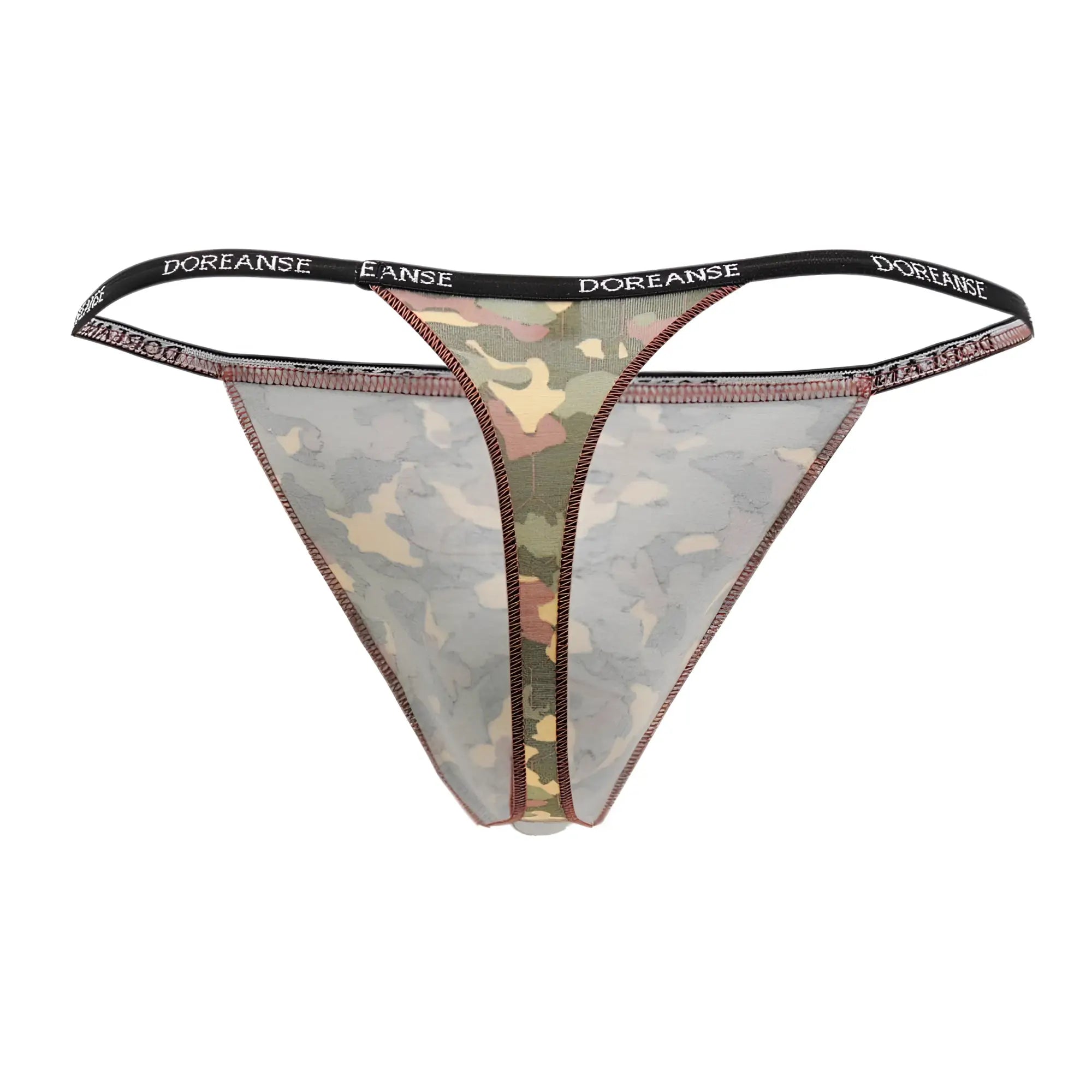 Doreanse 1312-PRN camouflage thong in green beige and brown tones on sheer fabric showing the back side