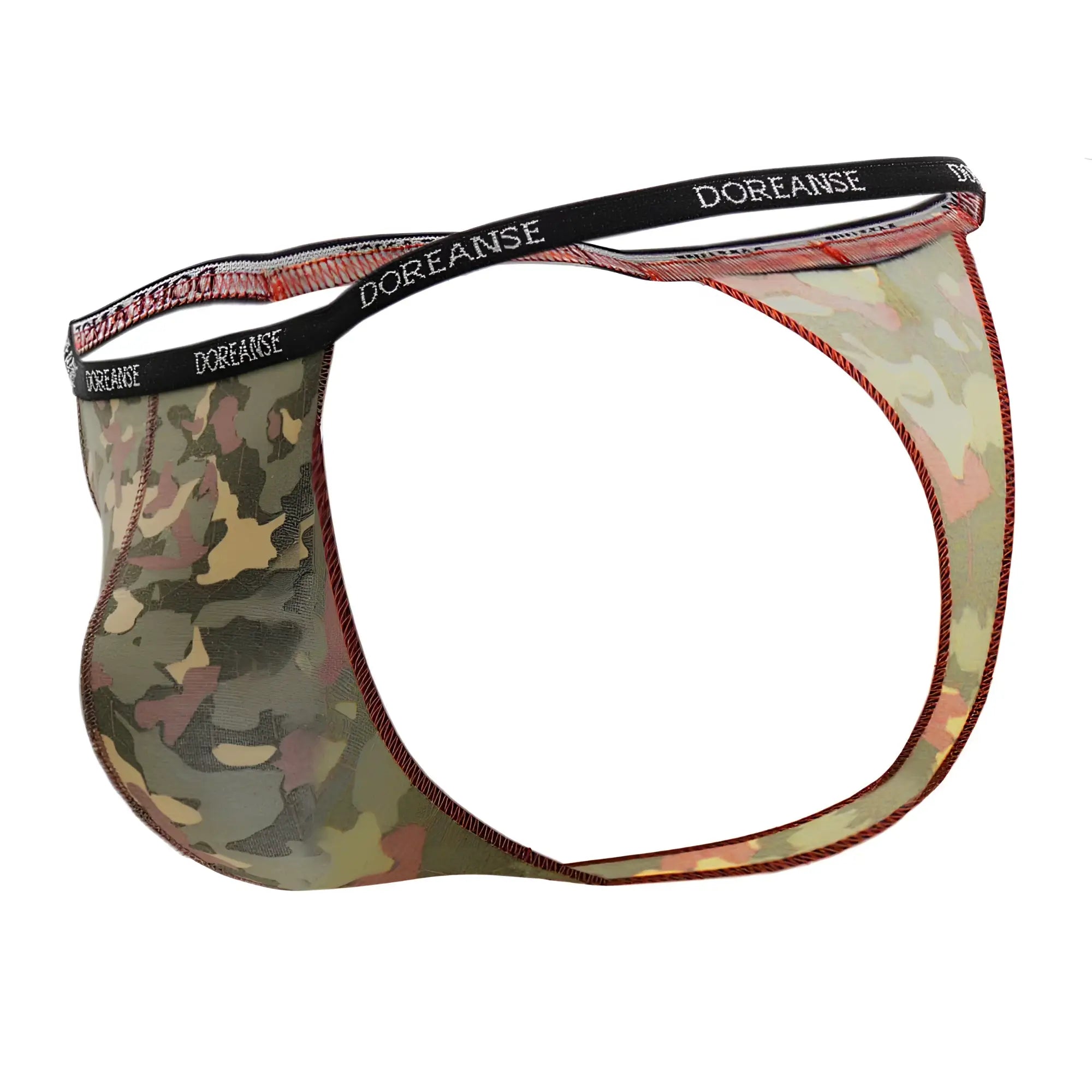Doreanse 1312-PRN camouflage thong color printed mens briefs with black elastic waistband and white brand lettering