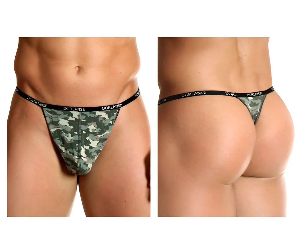 Green and black camouflage doreanse 1312-prn thong with black elastic waistband showing front side design