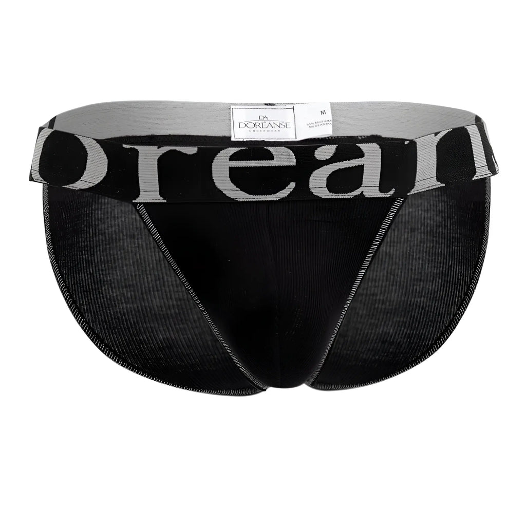 Black doreanse 1313-blk ribbed micromodal bikini briefs with gray waistband featuring bold white brand name