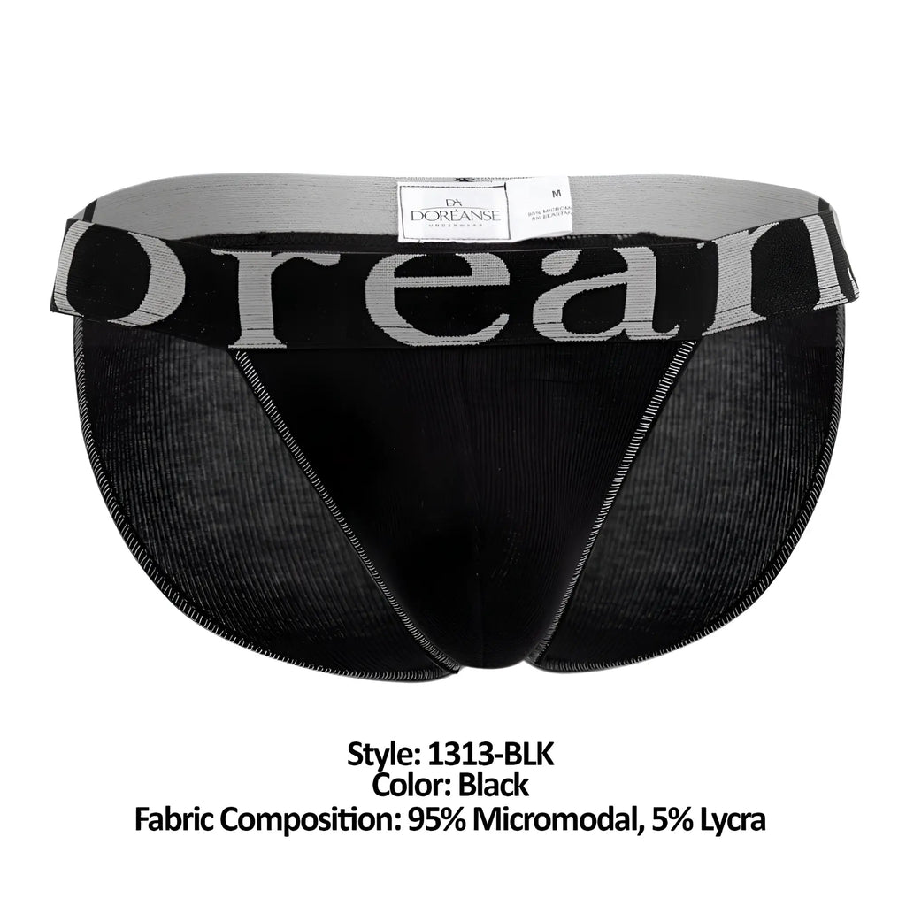 Black doreanse 1313-blk ribbed micromodal bikini briefs with gray and black elastic waistband featuring brand name