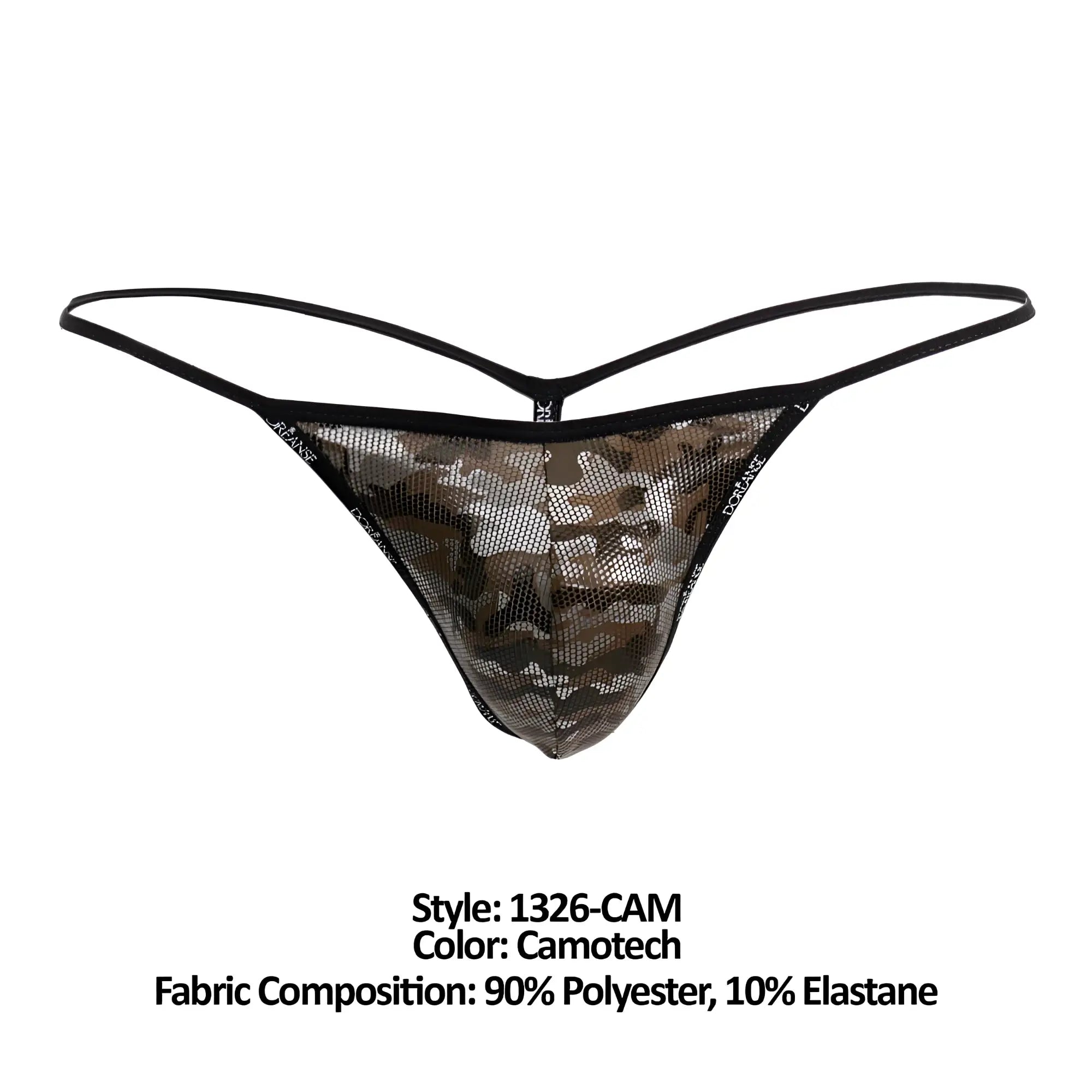 Black and camouflage Doreanse 1326-CAM flashy G-string with mesh fabric and thin elastic straps front view