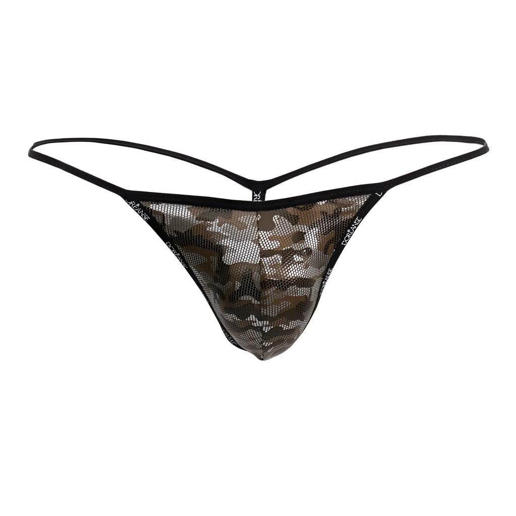 Black mesh thong with camouflage pattern from doreanse 1326-cam flashy g-string in camotech color shown from front
