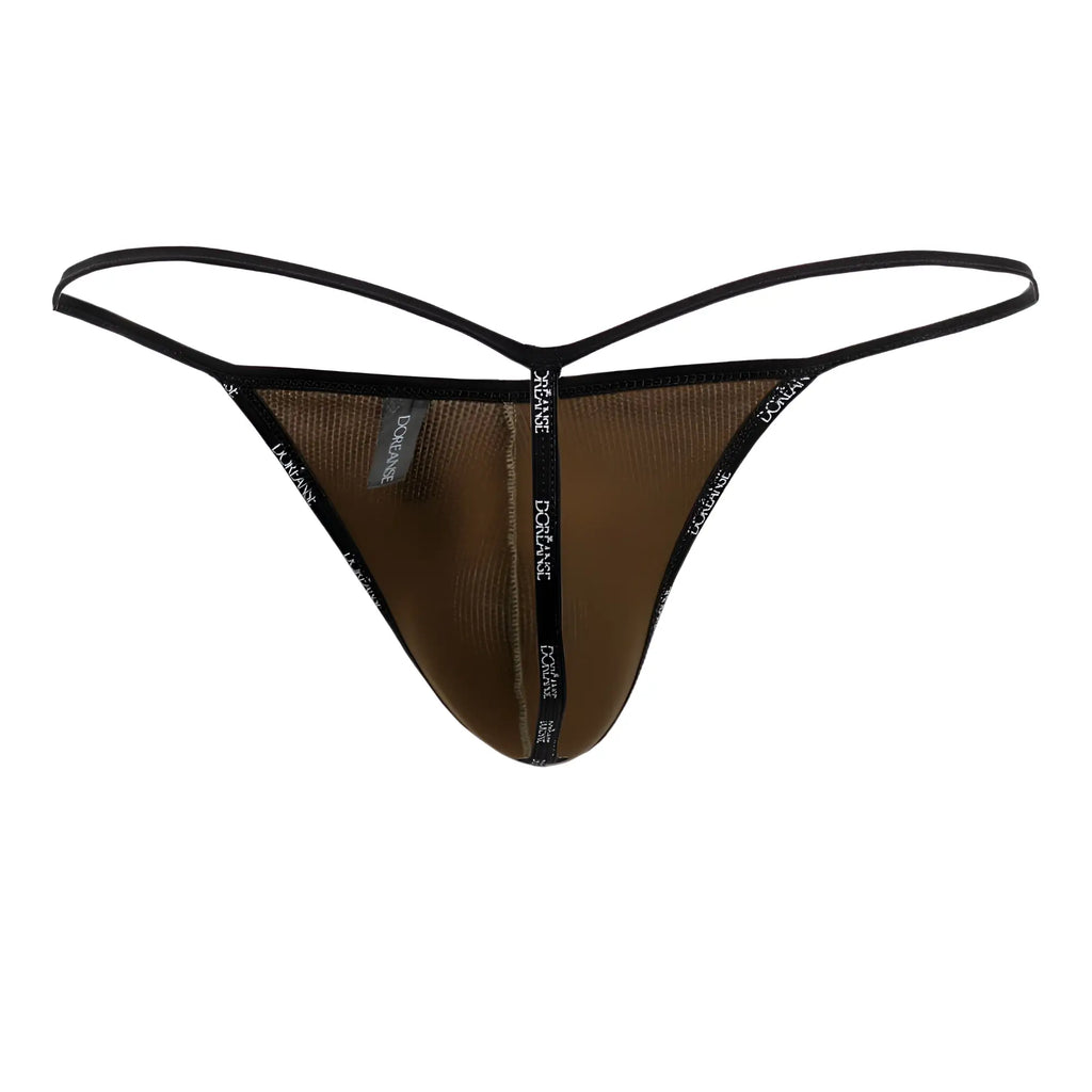 Brown mesh thong with black elastic trim and doriane branding along edges from doreanse 1326-cam flashy g-string camotech