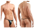 Black thong with vibrant iridescent galaxy print and thin elastic waistband shown from the back side by doreanse